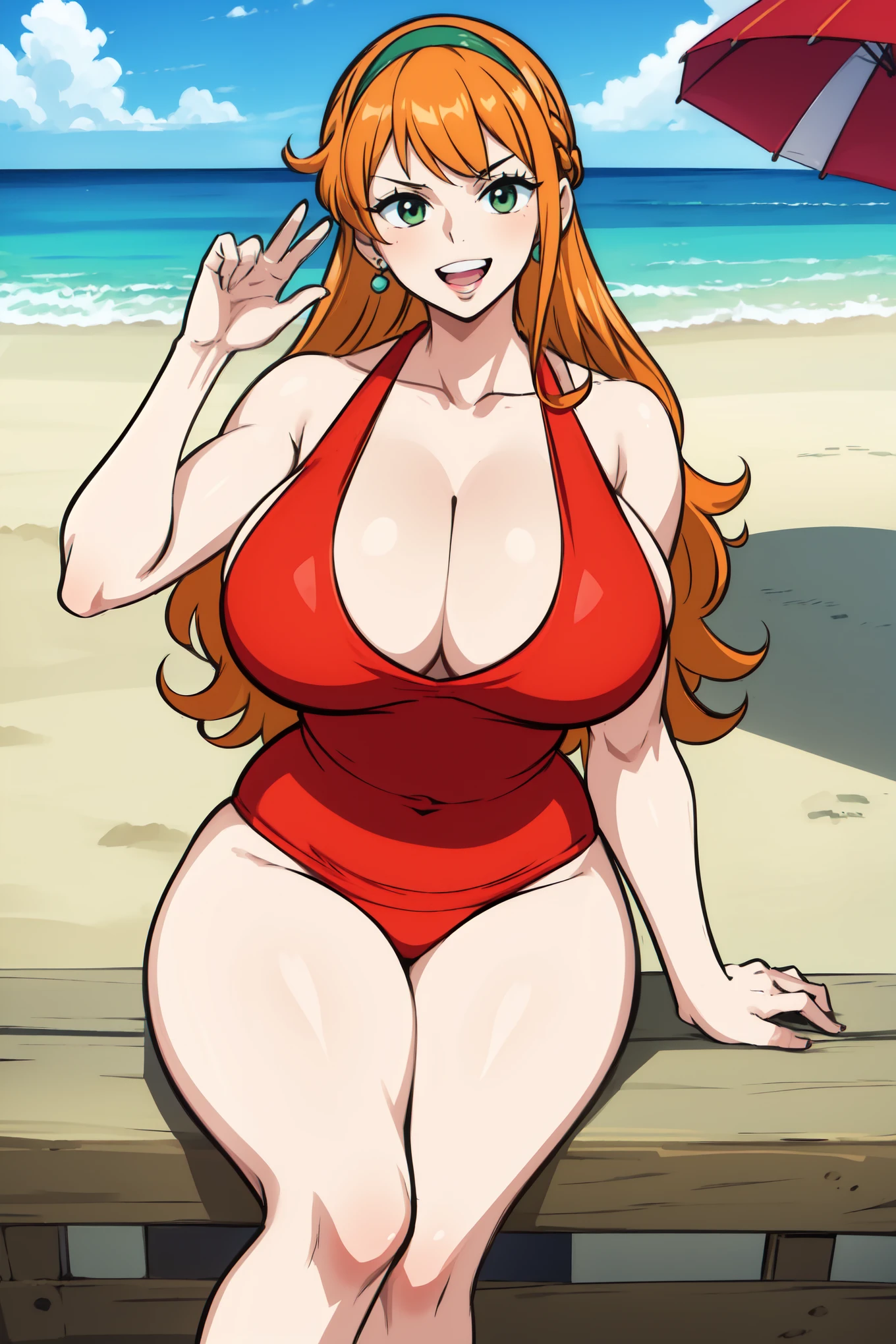 (masterpiece, best quality:1.2), [Linda Flynn], 1 girl with orange hair in a sweater vest and a green bikini below, crossed legs, seductively looking at the viewer outdoors on a sunny beach day. The sandy scene is filled with a warm, inviting atmosphere as she sits under a beach umbrella, shielded by the sun. Her hair is tied back with a hairband, and she adorns herself with striking jewelry earrings and vivid lipstick. The curves of her body are accentuated by the tightly fitting bikini, revealing her large breasts and voluptuous hips. A wave of longing desire is captured in the closed mouth and