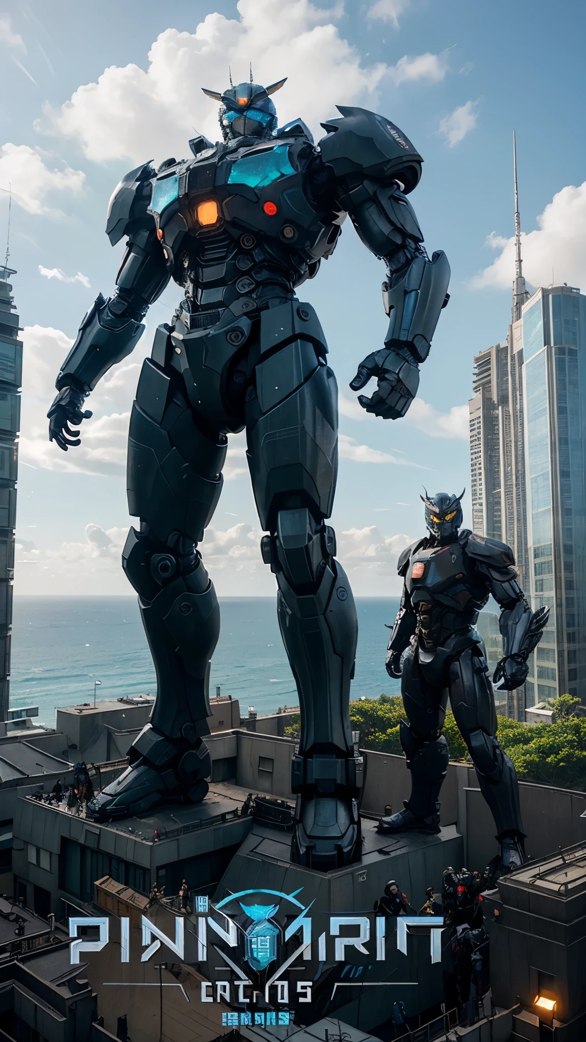 a group of people standing on top of a building, pacific-rim-mech in background, movie pacific rim, broken ruin pacific rim jaeger, pacific rim jaeger red, pacific rim,an epic scifi movie still, epic scifi movie still, promotional movie poster, promotional images, transformers cinematic universe, giant robots,realistic