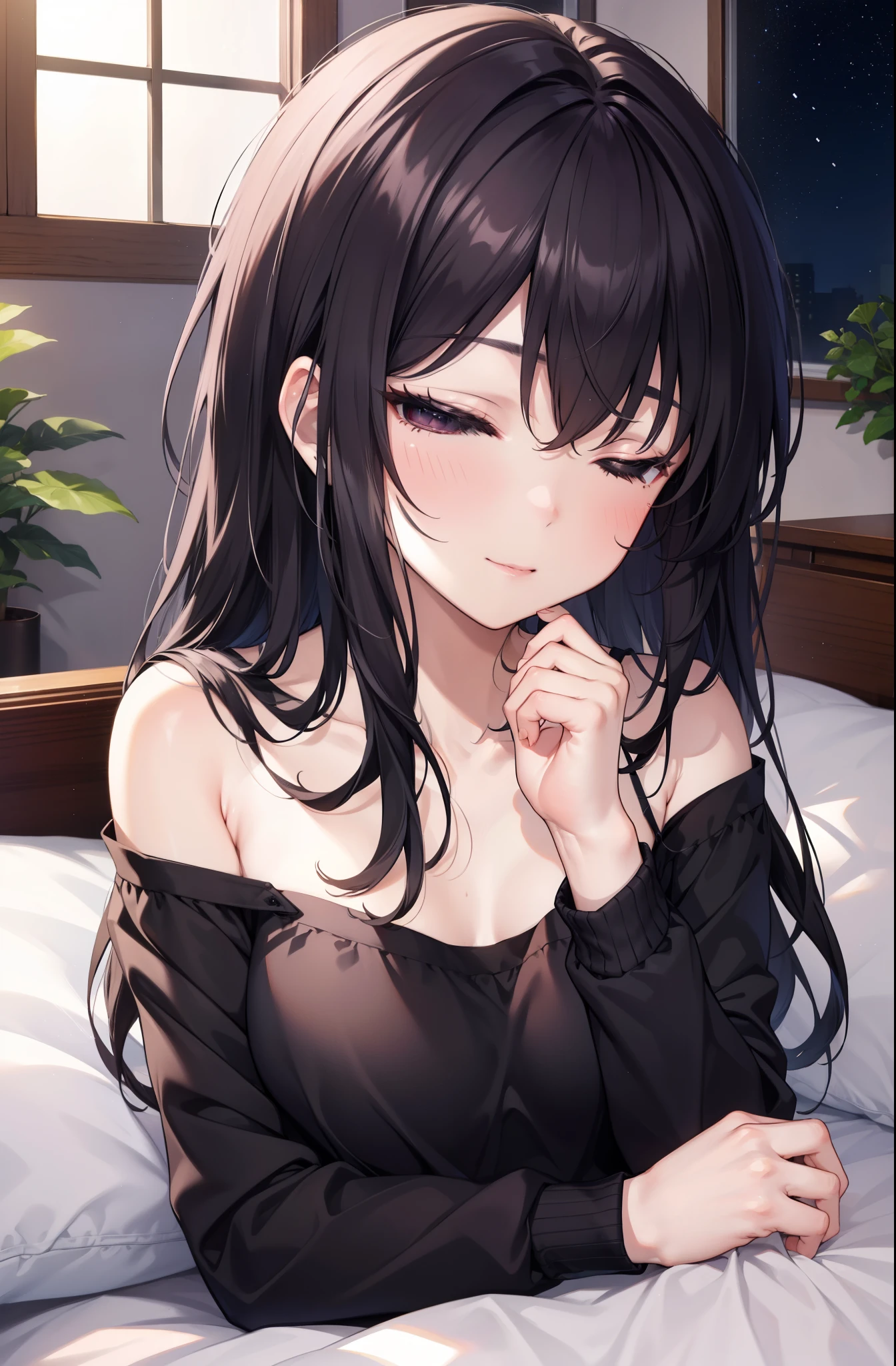 for profit, utaha kasumigaoka, black hair,  long hair, smile,windows，romantic starry sky，sleeping with both eyes closed,A meteor crosses,T-shirt,black string underwear,sleeping in bed,night,moonlight,sleep with your head on the pillow,Sleeping lying on your back in bed,dark room, barefoot　　　　　　　　　　　　　　　　　　break indoors, Bedroom, break (masterpiece:1.2), highest quality, High resolution, unity 8k wallpaper, (shape:0.8), highly detailed face, perfect lighting, Very detailed CG, (perfect hands, perfect anatomy),
break indoors,Bedroom,
break (masterpiece:1.2), highest quality, High resolution, unity 8k wallpaper, (figure:0.8), highly detailed face, perfect lighting, Very detailed CG, (perfect hands, perfect anatomy),