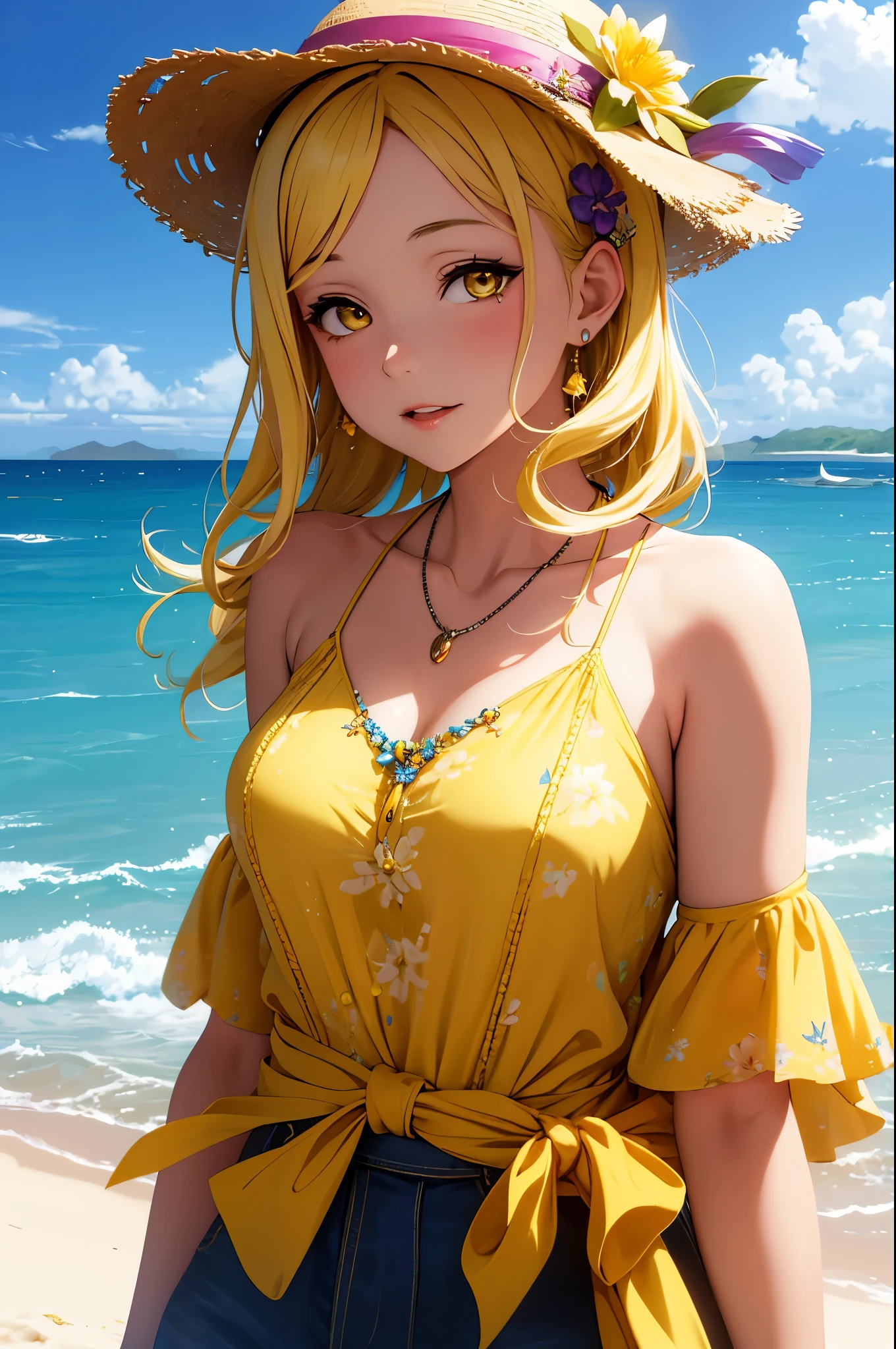 (Masterpiece, Best Quality, High Quality),volumetric lighting, illustration, beautiful, Mari Ohara, yellow eyes, yellow hair, hair_ornament, hat, jewelry, casual clothes, upper_body, braid, flower, sky, day, necklace, see-through, ocean, beach, straw hat