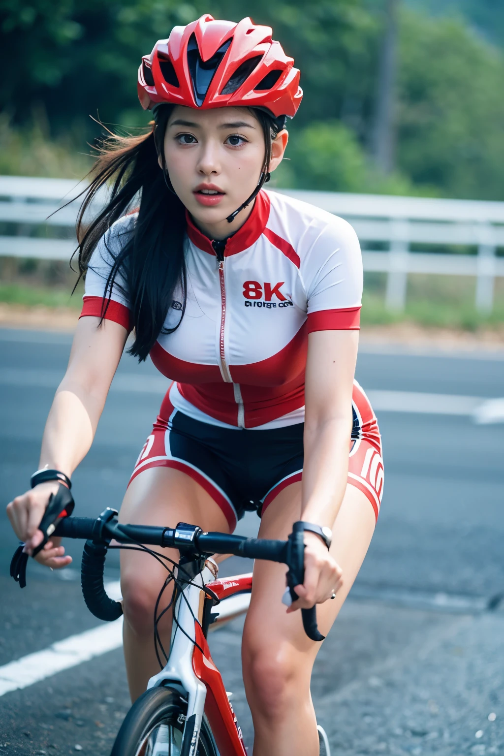 (ultra-detailed, 8k, RAW photo, best quality, masterpiece:1.2), High detail RAW color photo, professional photograph, (full body:0.6), (realistic, photo realistic:1.37), ((best quality)), 1 girl, cinematic light, (finerly detailed face:1.2), (masterpiece:1.5), (best quality:1.2), (large breasts:1.4), from below, beautiful woman cyclist pedaling her bicycle dynamically in a road race, high quality (4k/8k), (realistic style:1.37), vibrant colors, vivid lighting, detailed face features, strong muscles, determined expression, aerodynamic cycling jersey, sleek helmet, focused eyes, flowing hair, smooth pedaling motion, intense competition, cheering crowd, scenic mountainous background, challenging race route, professional equipment, high-performance road bike, speed, passion, adrenaline rush, (slow motion:1.4), (motion blur:1.3), dynamic angle, ((heavy rain)),