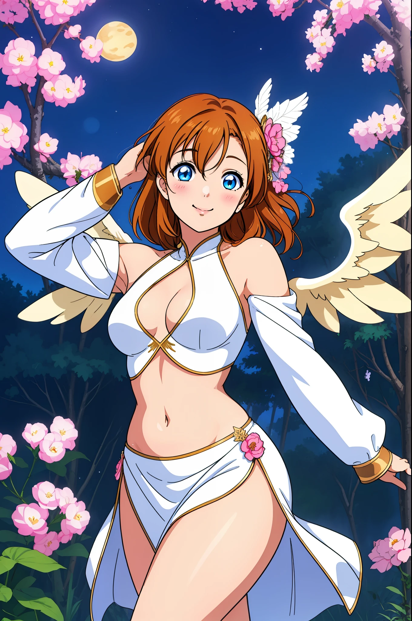 (best quality, realistic:1.2), kousaka honoka, long hair, stunning eyes,((hourglass body:1.2)), mesmerizing glowing eyes, long dress with sleeves, midriff, skin tight,delicate blush, enchanting night scenery, blooming flowers under the moonlight, warm sunlight filtering through the branches and casting a gentle glow, hands on hip, dancing, smile,(curvy body), goddess, goddess wings,1980s \(style\)