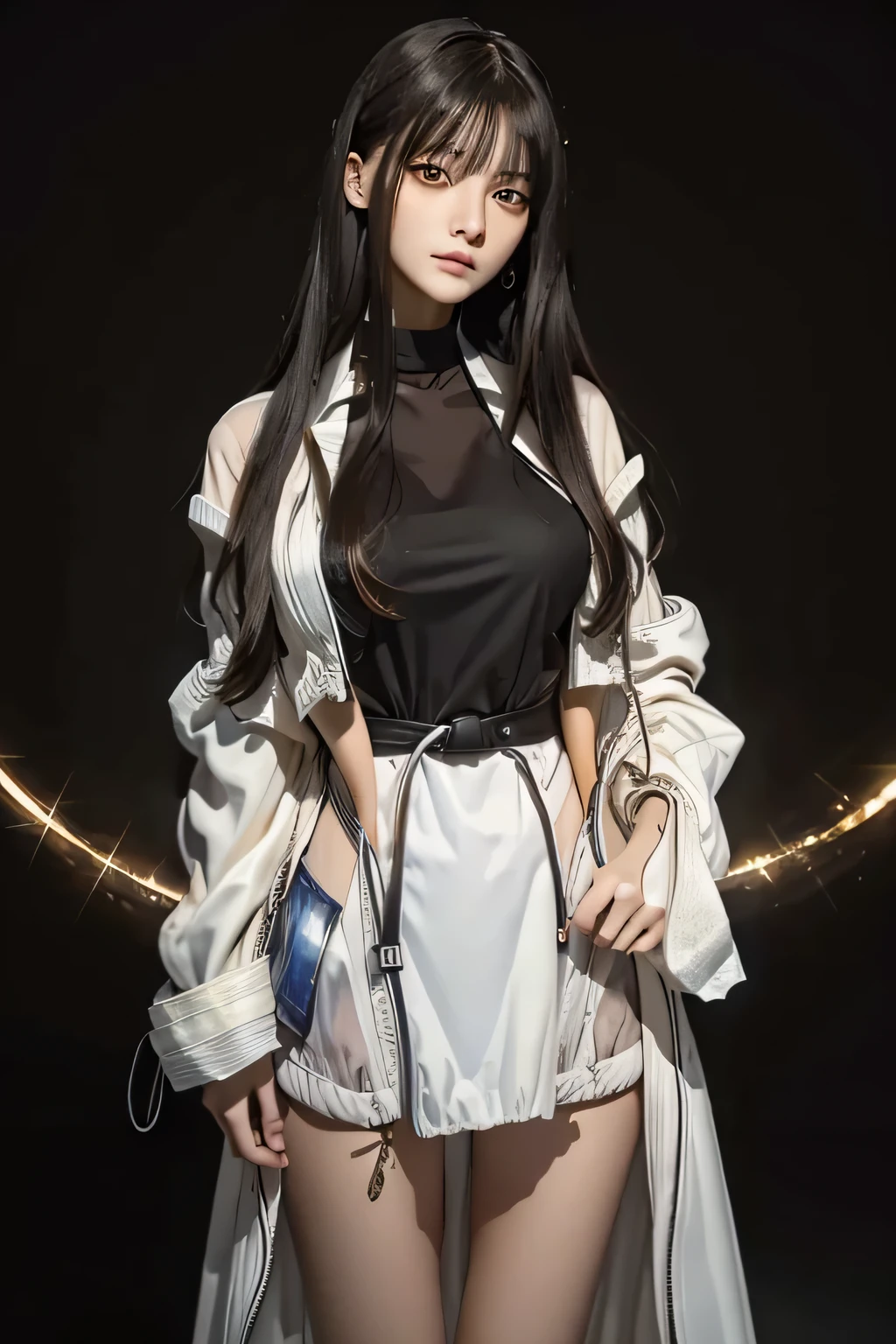 c.c., No expression, , (masterpiece, highest quality, Super detailed, best shadow, volume lighting), (beautiful and detailed face, thin and beautiful eyes), (best illumination),, orange eyes, very long hair, (white straitjacket:1.4), Black belt, , (cowboy shot:1.3), Intense angles,, MKSKS style, beautiful background, professional lighting, Landscape with warm colors,no makeup、