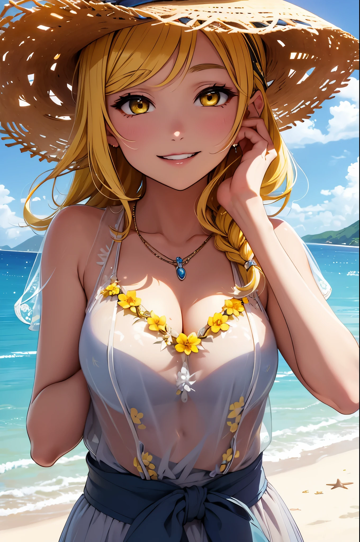 (Masterpiece, Best Quality, High Quality),volumetric lighting, illustration, beautiful, Mari Ohara, yellow eyes, yellow hair, hair_ornament, hat, jewelry, casual clothes, upper_body, braid, flower, sky, day, necklace, see-through, ocean, beach, straw hat, energetic smile 