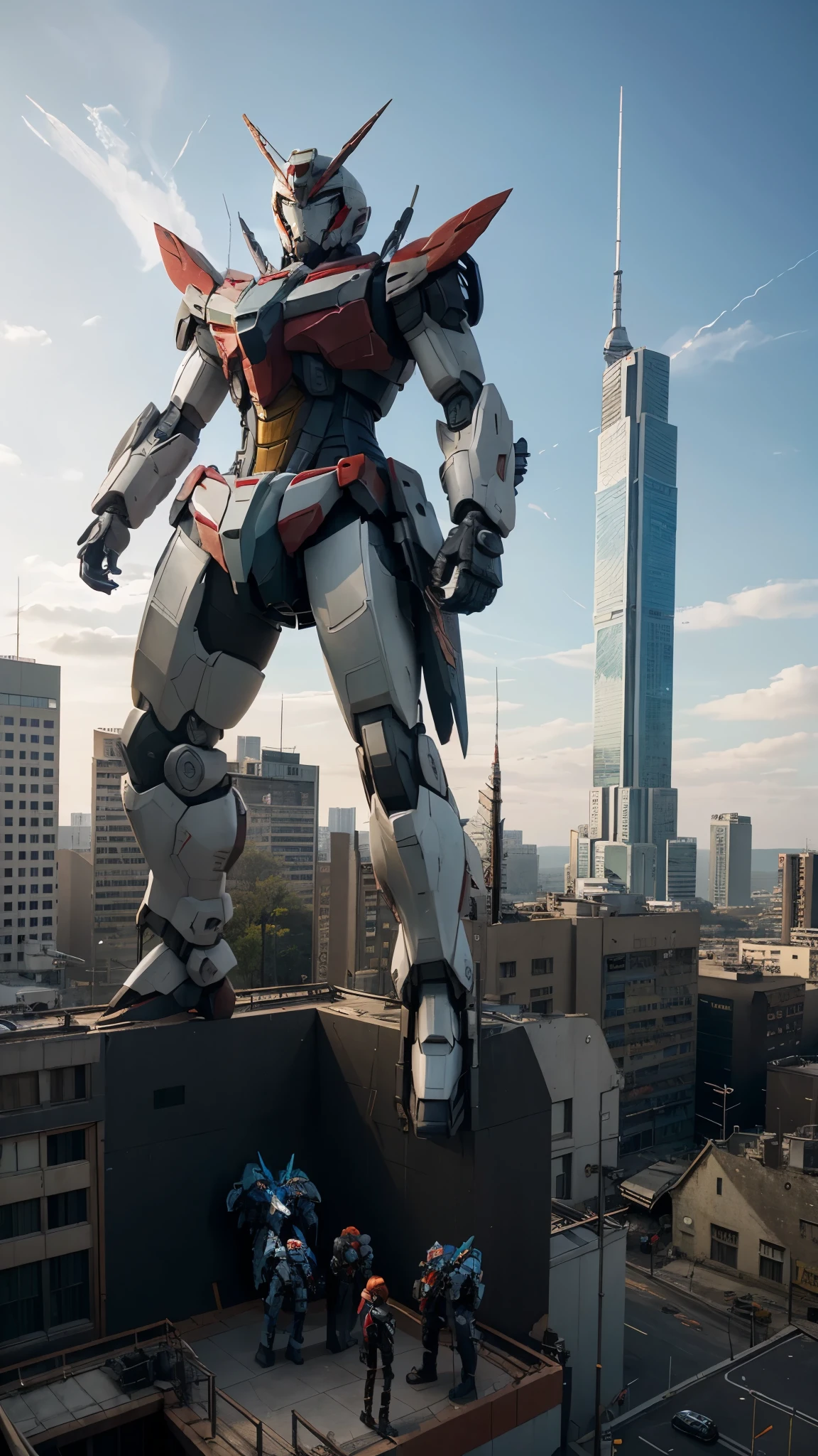 a group of people standing on top of a building, gundam-mech in background, movie gundam e, broken ruin gundam exia, gundam strike jaeger red, gundam astray red, an epic scifi movie still, epic scifi movie still, promotional movie poster, promotional images, transformers cinematic universe, giant robots, movie .exia.