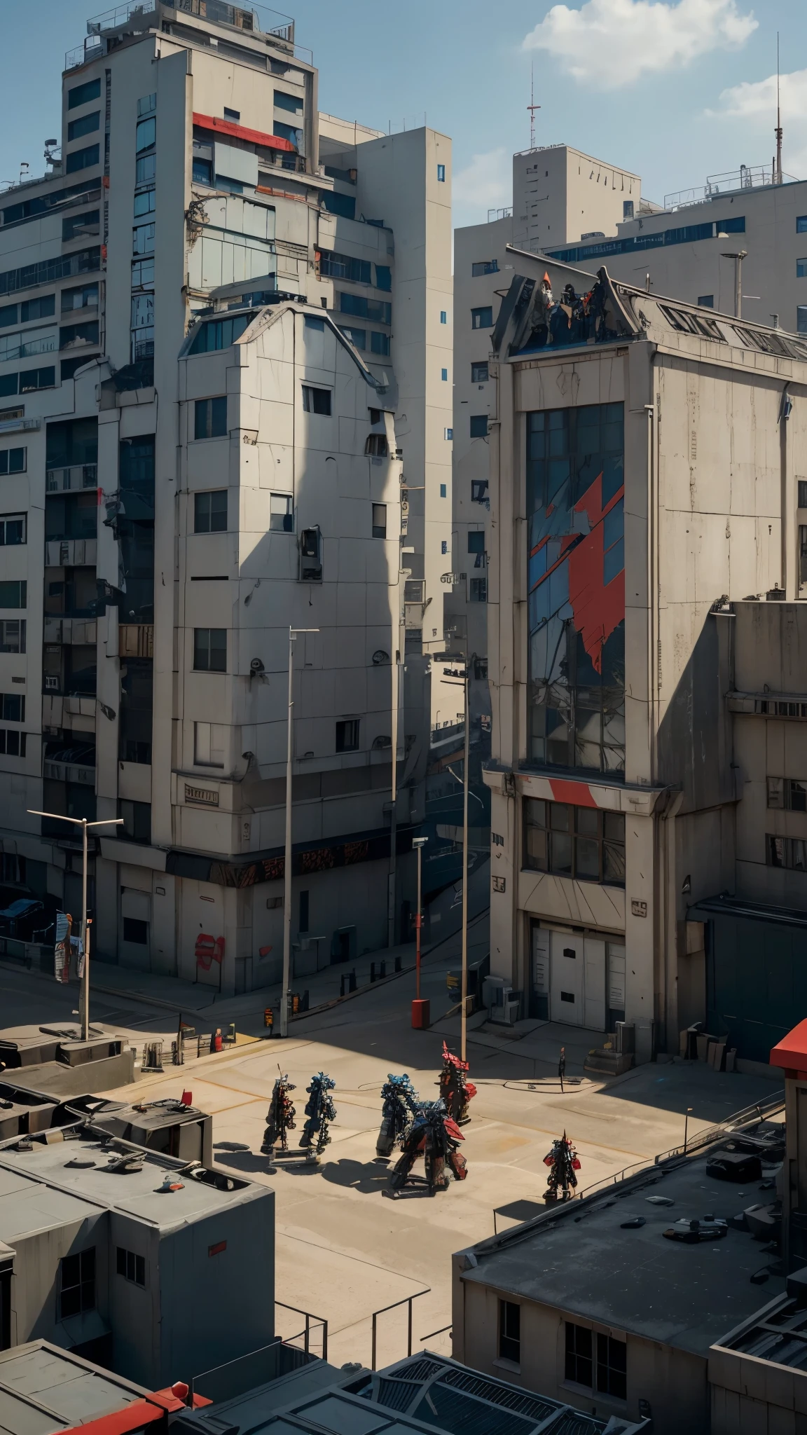 a group of people standing on top of a building, gundam-mech in background, movie gundam e, broken ruin gundam exia, gundam strike jaeger red, gundam astray red, an epic scifi movie still, epic scifi movie still, promotional movie poster, promotional images, transformers cinematic universe, giant robots, movie .exia.