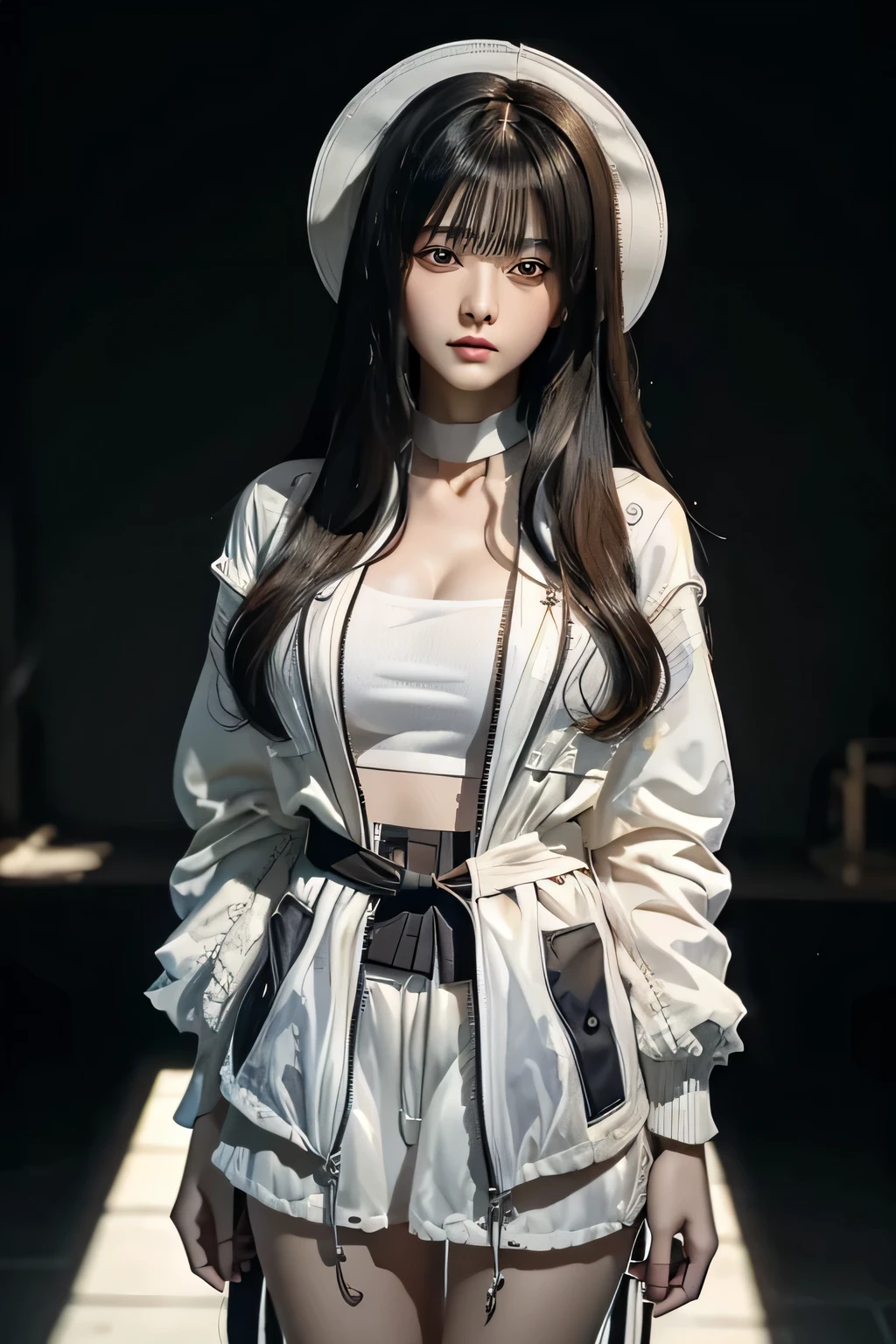 c.c., No expression, , (masterpiece, highest quality, Super detailed, best shadow, volume lighting), (beautiful and detailed face, thin and beautiful eyes), (best illumination),, orange eyes, very long hair, (white straitjacket:1.4), Black belt, , (cowboy shot:1.3), Intense angles,, MKSKS style, beautiful background, professional lighting, Landscape with warm colors,no makeup、