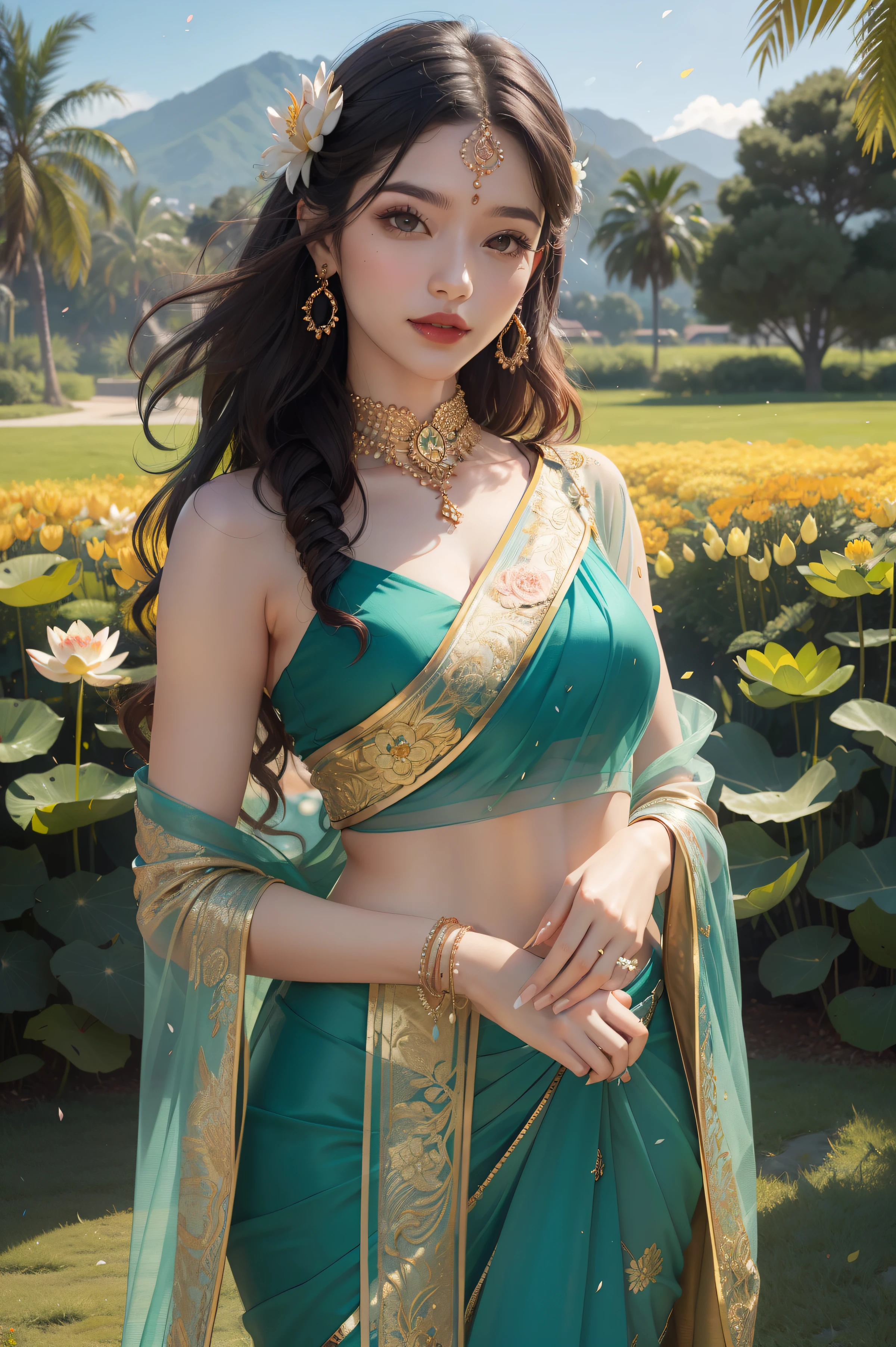 a girl,wearing an elegant 100% transparent saree,curly long hair,deep black eyes,shiny red lips,brown skin,lotus flower in her hair,bindi on forehead,palms decorated with henna,in a blooming garden,bright colorful flowers,green grass,blue sky,sunshine falling on her,peaceful and serene expression,subtle smile on her face,fingers delicately touching flower petals,body language full of grace and elegance, scenic beauty,painting as medium,detailed and vivid,high-resolution image,photorealistic rendering,vibrant colors,soft and warm lighting, her  exposed, , vagina and clitoric can be seen