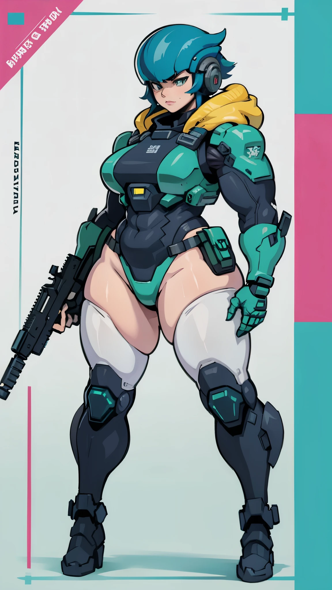 Masterpiece, High quality, ((character concept art)), ((character design sheet, same character))
a futuristic-looking female military commander, wearing a ((kevlar helmet)) and is dressed in ((turquoise suit)), holding weapon, holding gun, wearing epTactical, XCOM game inspired, XCOM character, ((wide hips)) tall, video game character design, accessories,
Expert high detail concept art, comic book style, intricate comic book outline line work, flat colors, concept art, solid background