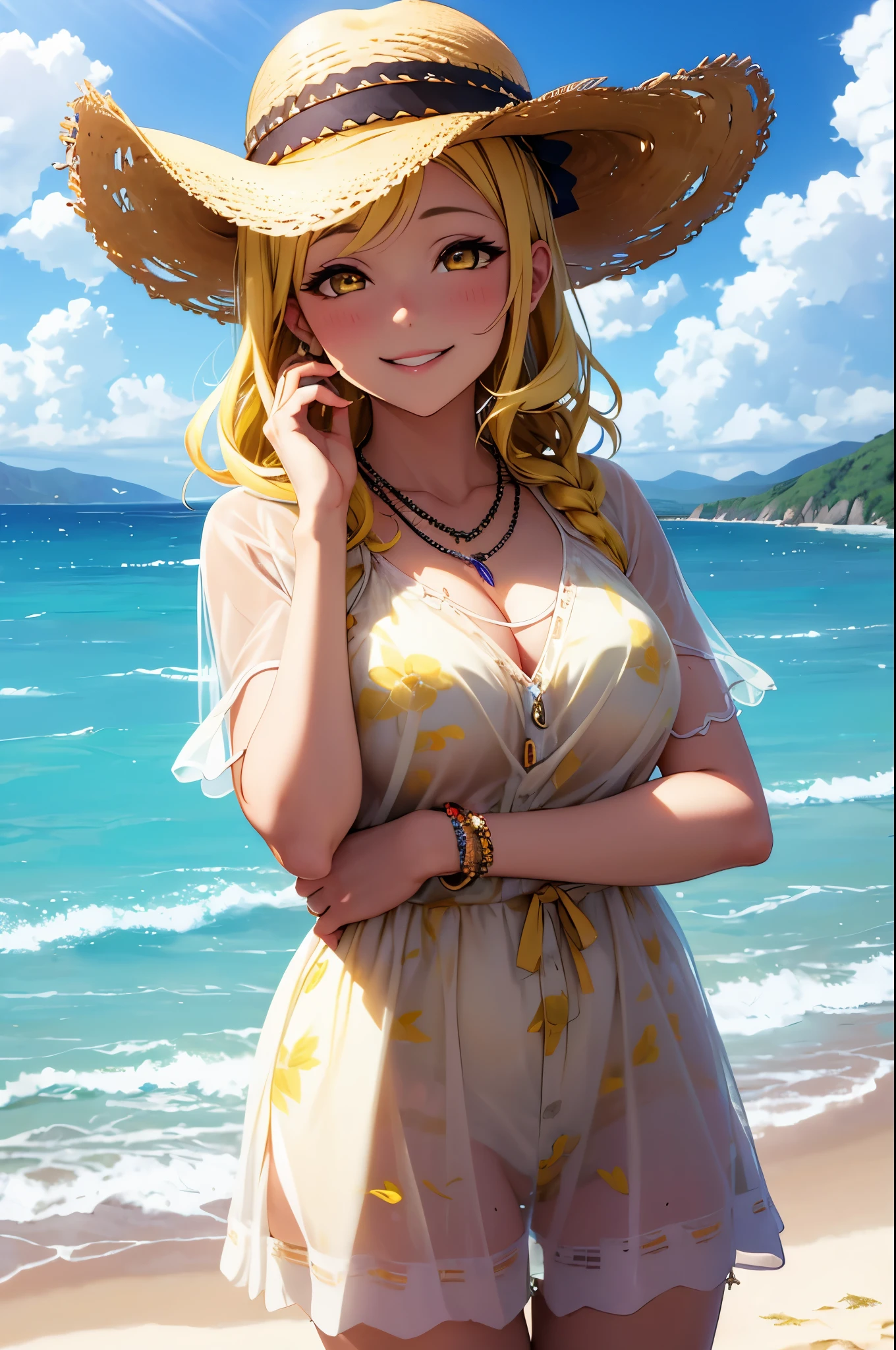 (Masterpiece, Best Quality, High Quality),volumetric lighting, illustration, beautiful, Mari Ohara, yellow eyes, yellow hair, hair_ornament, hat, jewelry, casual clothes, cowboy shot, braid, flower, sky, day, necklace, see-through, ocean, beach, straw hat, energetic smile 