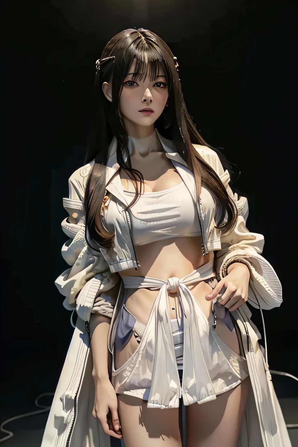 c.c., No expression, , (masterpiece, highest quality, Super detailed, best shadow, volume lighting), (beautiful and detailed face, thin and beautiful eyes), (best illumination),, orange eyes, very long hair, (white straitjacket:1.4), Black belt, , (cowboy shot:1.3), Intense angles,, MKSKS style, beautiful background, professional lighting, Landscape with warm colors,no makeup、