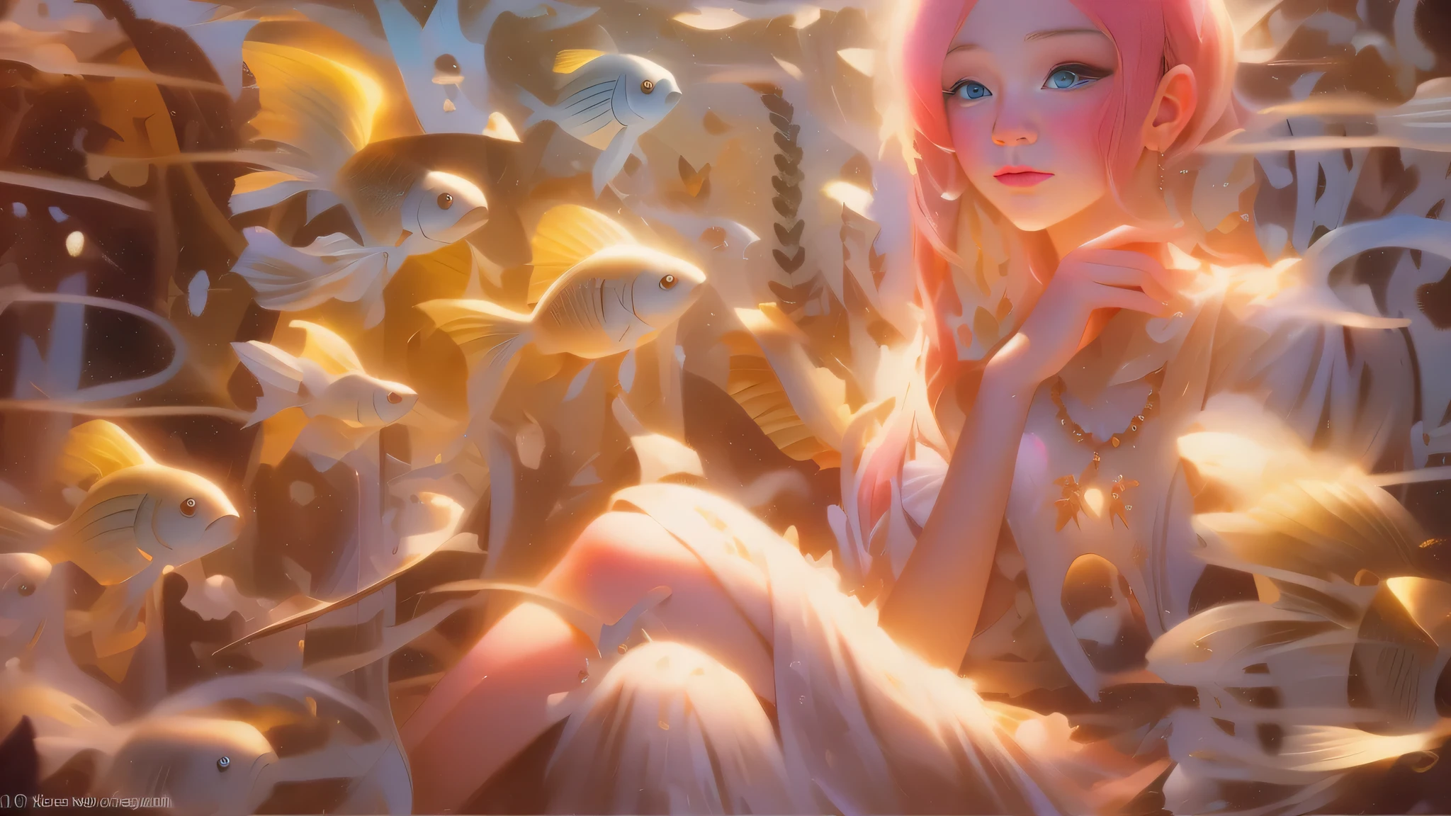 (tmasterpiece,official art aesthetic)。an oil painting,Oil brush strokes,Fantasyart:1.37,sky picture above,Fluffy clouds, (sad cloud goddess:1.37, The eyes are bright,with pink hair,Delicatemakeup,Glowing skin,Tulle clothes,Schools of fish surround her:1.37),,Guviz-style artwork, fantasy art style, In Baiyun Wonderland, beautiful fantasy art portraitn((masterpiece)),((quality)),((Best quality)),((official art))