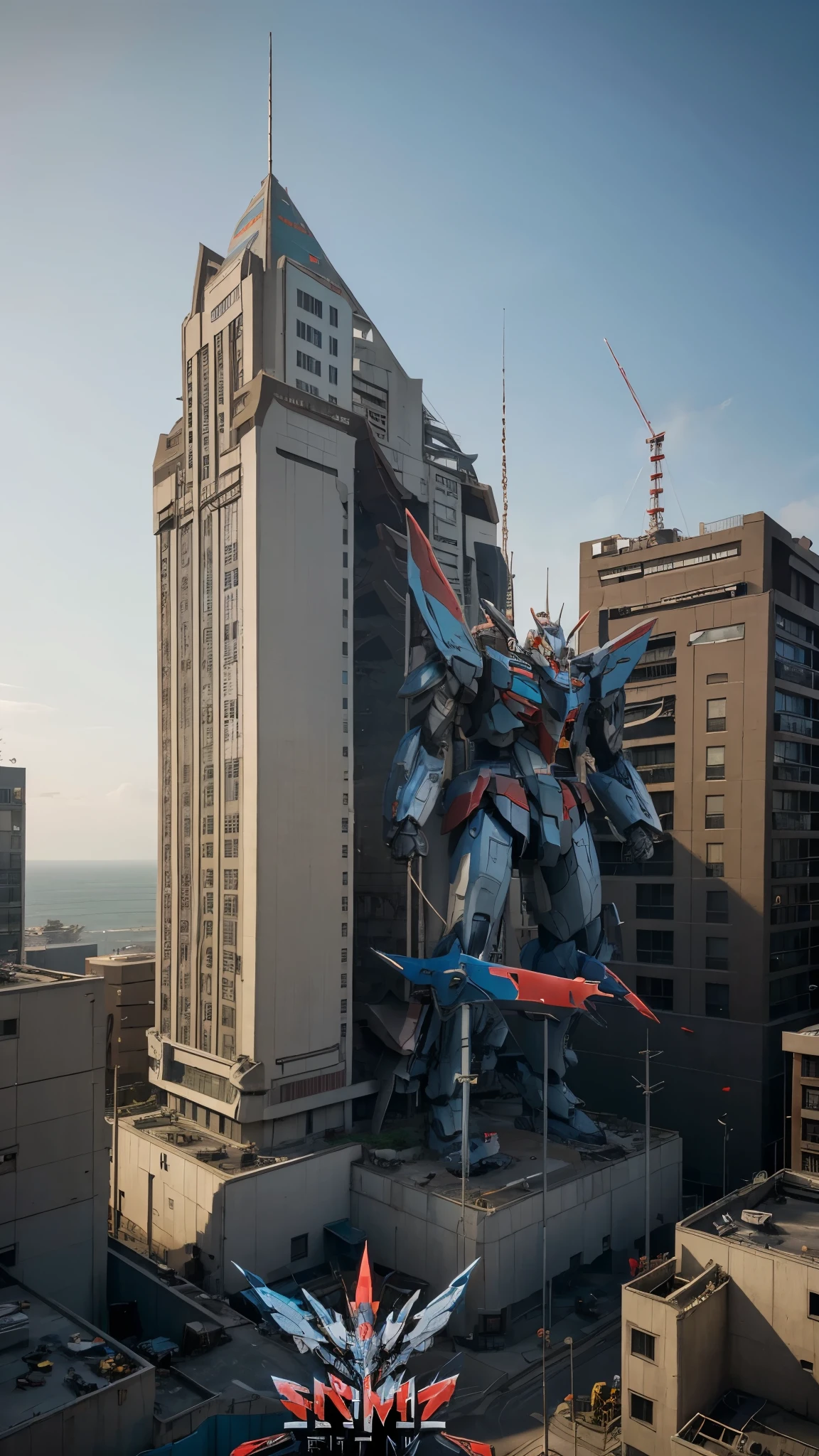 a group of people standing on top of a building, gundam-mech in background, movie gundam e, broken ruin gundam exia, gundam strike jaeger red, gundam astray red, an epic scifi movie still, epic scifi movie still, promotional movie poster, promotional images, transformers cinematic universe, giant robots, movie .exia.