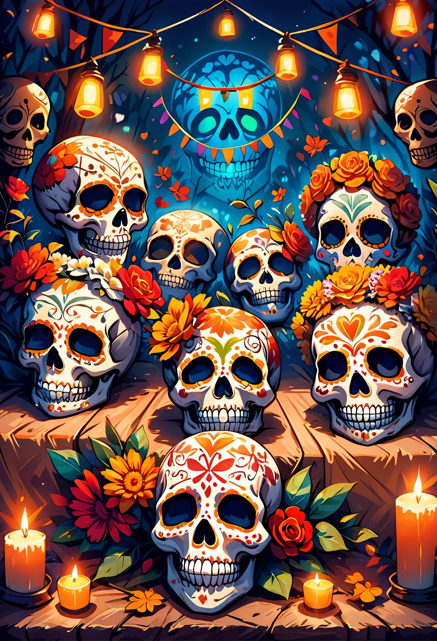 obra maestra, alta calidad, DETALLE EXCEPCIONAL, stunning illustration of Day of the Dead skulls, coloridos y detallados, vibrantes colores, decoraciones intrincadas, Dynamic focus, Dark and dramatic background, sombras realistas, luces resplandecientes, ambiente festivo y misterioso, Sugar skull, ((Day of the Dead)), papel picado, veladoras, ofrendas,
