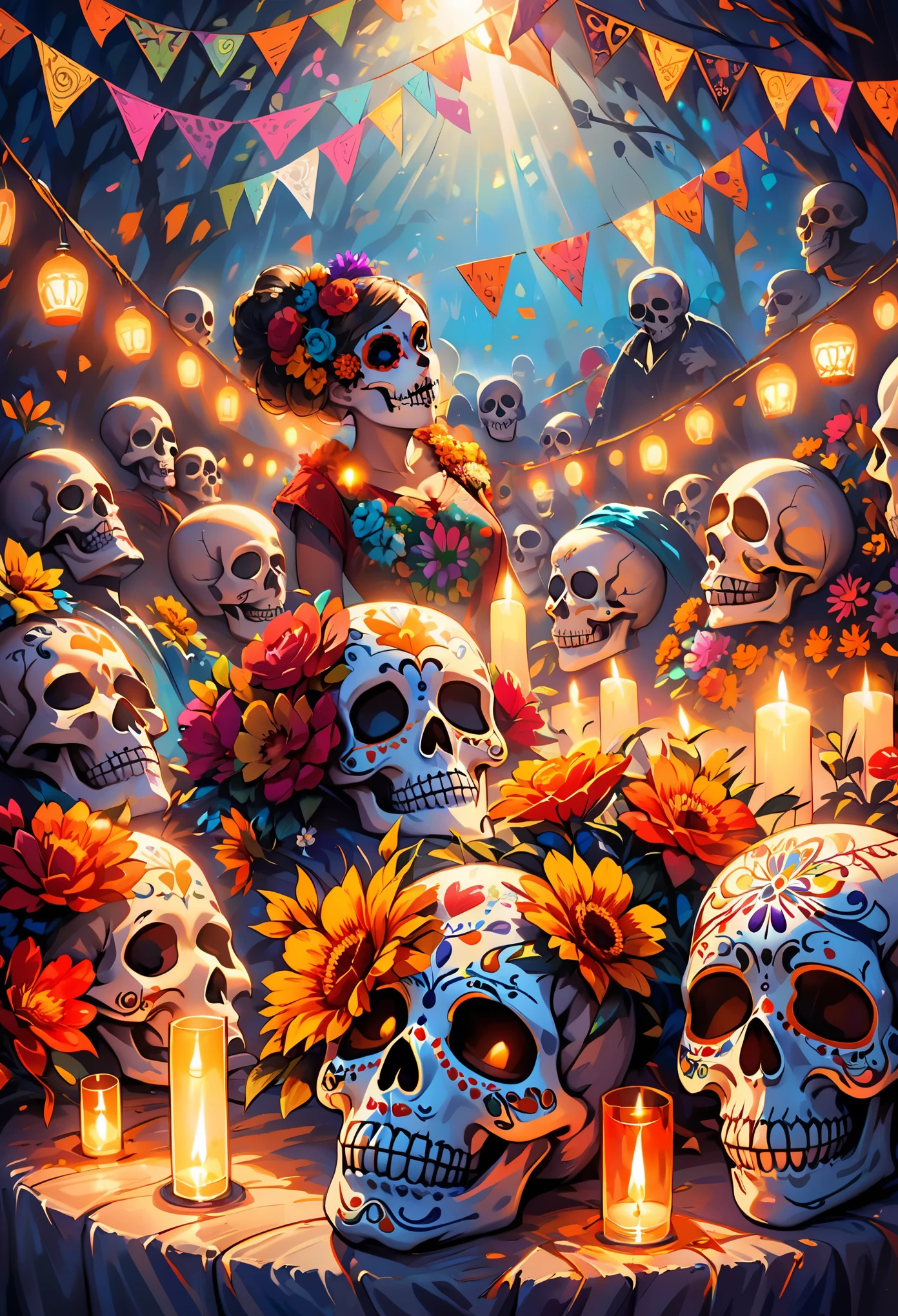 obra maestra, alta calidad, DETALLE EXCEPCIONAL, stunning illustration of Day of the Dead skulls, coloridos y detallados, vibrantes colores, decoraciones intrincadas, Dynamic focus, Dark and dramatic background, sombras realistas, luces resplandecientes, ambiente festivo y misterioso, Sugar skull, ((Day of the Dead)), papel picado, veladoras, ofrendas,