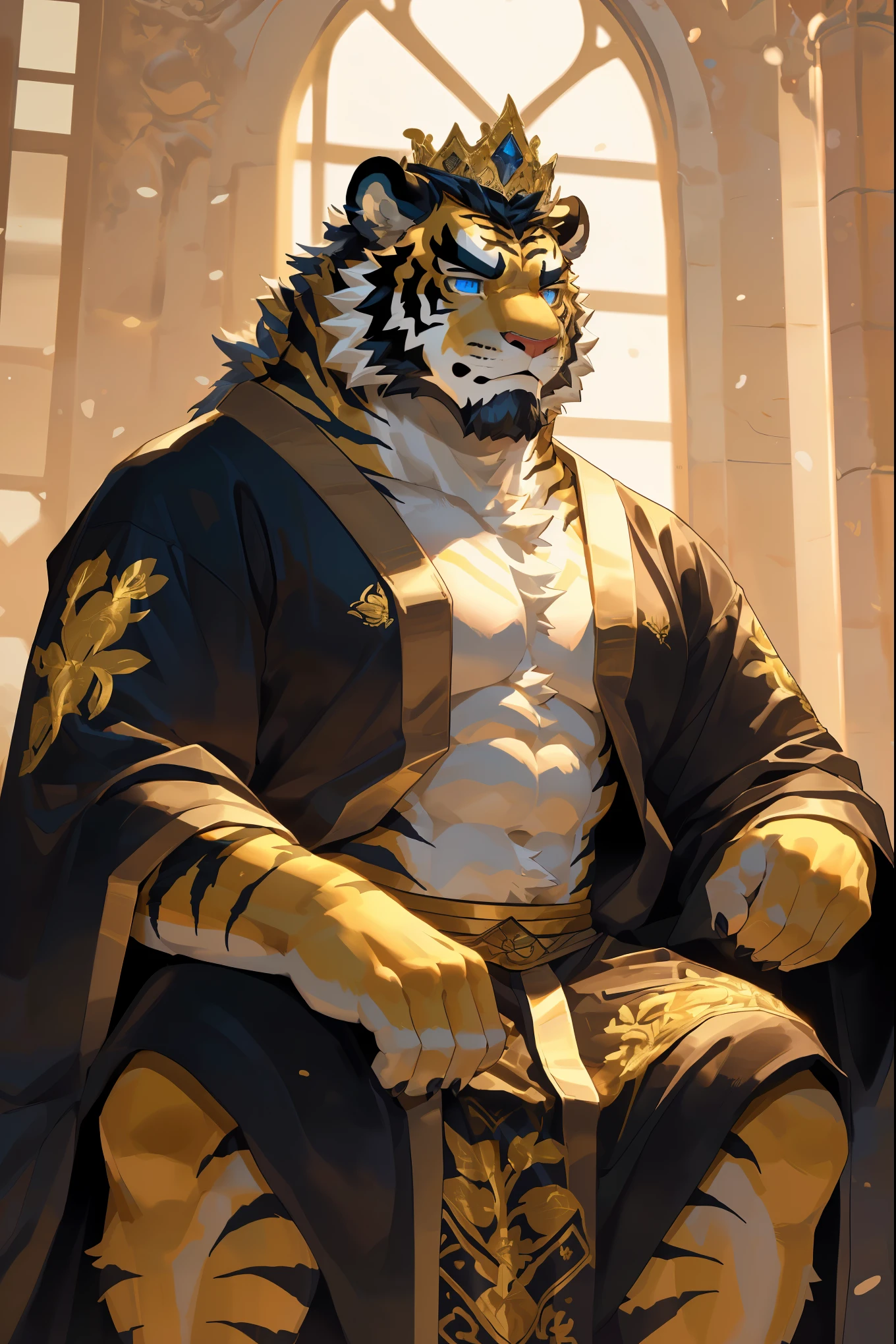  Handsome male, White Tiger， Gold earrings, Tiger ears, muscular, #100: #10: Messy Short Bangs, ((best quality)), ((masterpiece)), (detailed), Perfect face, White fur, blue eyes, Good eyes, Mature，(ocean)，((Ocean Impression))，Lying position