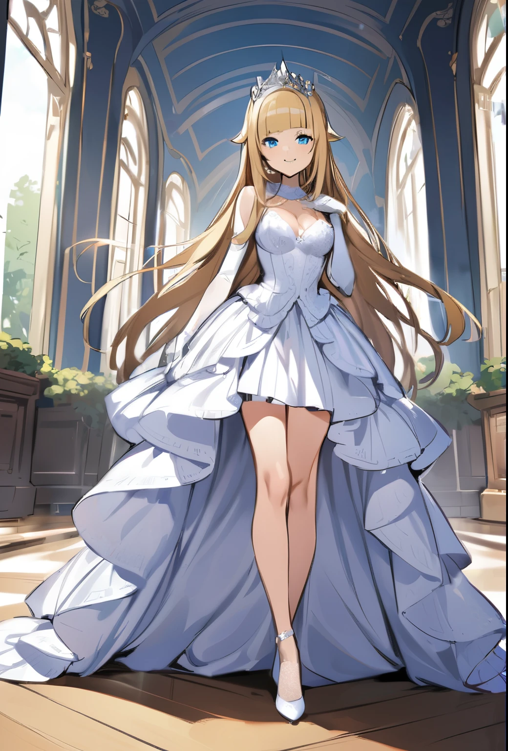 (masterpiece, best quality:1.2), 1girl, solo, long hair, blonde hair, blue eyes, crown, bride, smile, proud. cowboy shot, full body, indoors, palace, closeup, naked