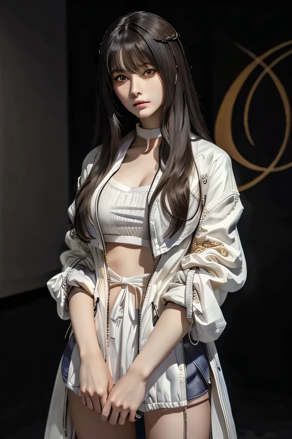 c.c., No expression, , (masterpiece, highest quality, Super detailed, best shadow, volume lighting), (beautiful and detailed face, thin and beautiful eyes), (best illumination),, orange eyes, very long hair, (white straitjacket:1.4), Black belt, , (cowboy shot:1.3), Intense angles,, MKSKS style, beautiful background, professional lighting, Landscape with warm colors,no makeup、