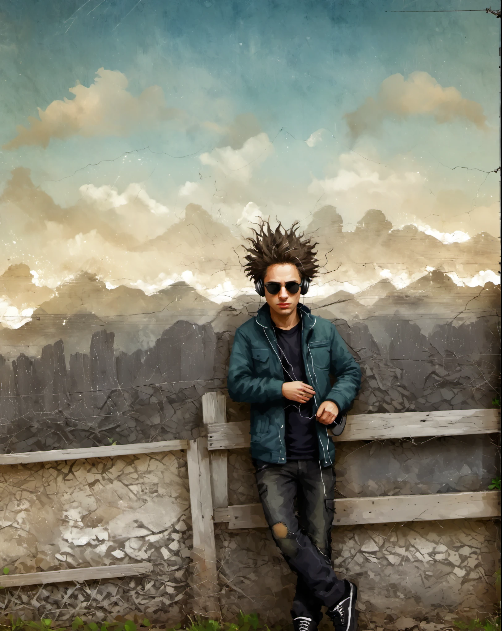 (best quality,ultra-detailed,realistic:1.37),portrait,detailed face with sunglasses and headphone, casual jacket style,faded colors,soft lighting,fine brushstrokes,weathered texture,heavy shadows,nostalgic atmosphere,haunting expression,wild hair,faraway gaze,dark clothing,subtle details,aged and cracked fence,ominous clouds,serene landscape in the background,