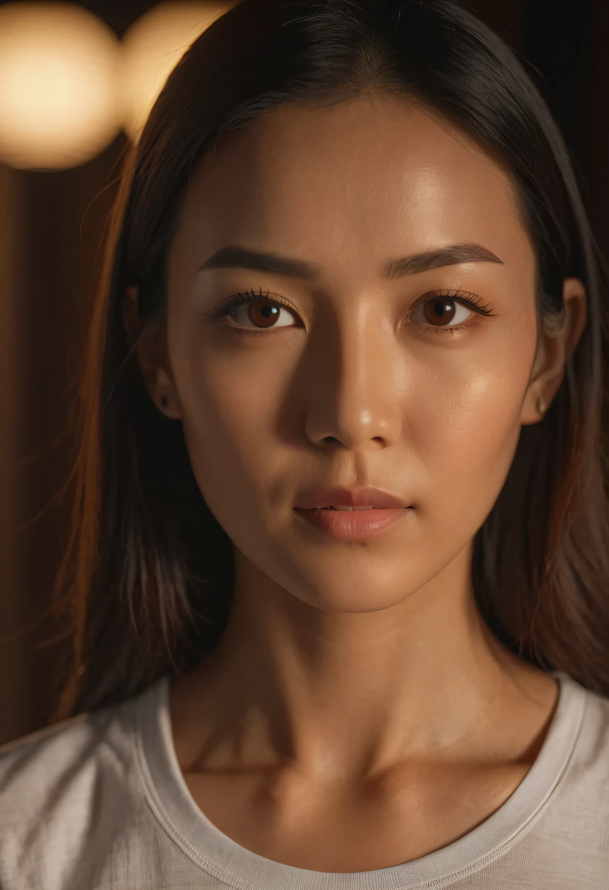 photo, 8k, sharp focus, beautiful woman, oriental close-up, t-shirt, (detailed eyes: 0.8), (looking at camera: 1.4), (highest quality), (best shadow), brown eyes , edge lighting, two-tone lighting, dimly lit, low-key, intricate details, interior, (realistic: 1.3), 8k,