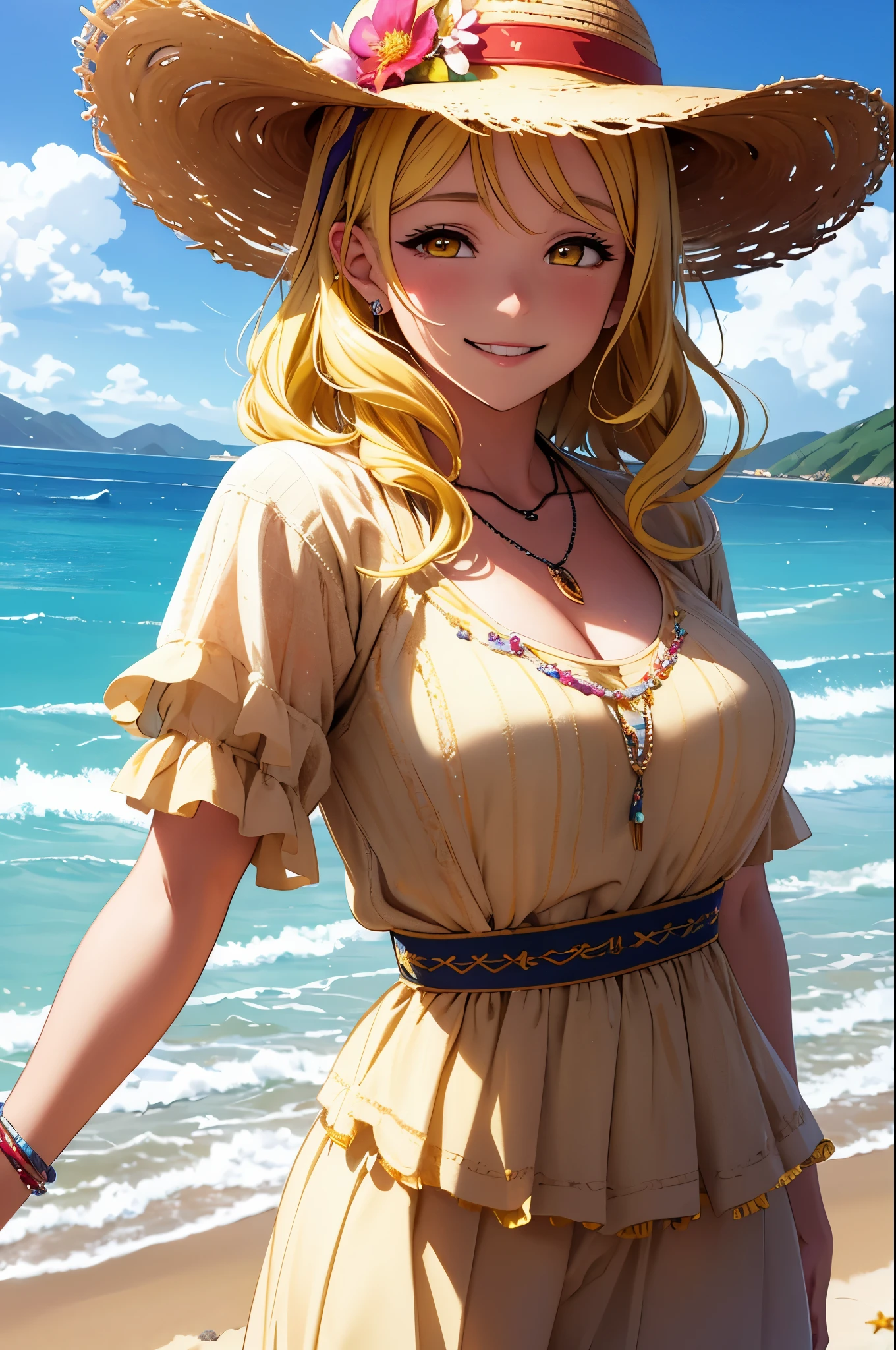 (Masterpiece, Best Quality, High Quality),volumetric lighting, illustration, beautiful, Mari Ohara, yellow eyes, yellow hair, hair_ornament, hat, jewelry, casual clothes, cowboy shot, braid, flower, sky, day, necklace, ocean, beach, straw hat, energetic smile 