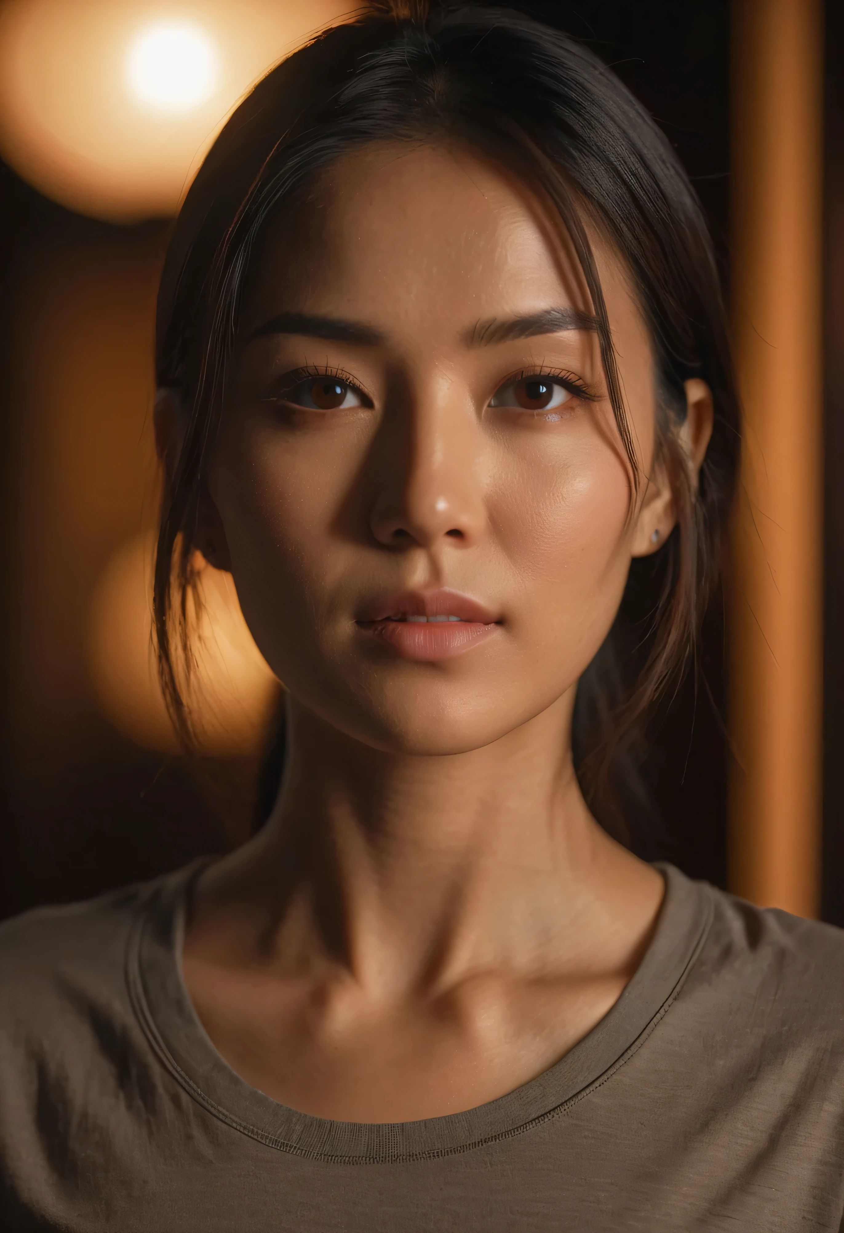 photo, 8k, sharp focus, beautiful woman, oriental close-up, t-shirt, (detailed eyes: 0.8), (looking at camera: 1.4), (highest quality), (best shadow), brown eyes , edge lighting, two-tone lighting, dimly lit, low-key, intricate details, interior, (realistic: 1.3), 8k,