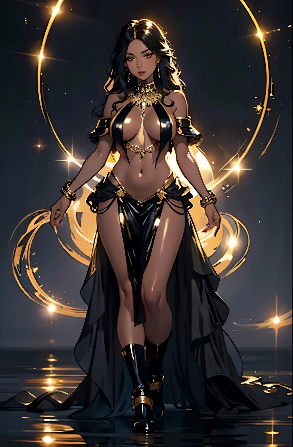 best quality, nsfw, extremely beautiful, beautiful face, long wavy dark hair, (Woman dark : 1.1), (Black skin : 1.1), (Shiny skin : 1.5), big breasts, long sexy black and gold dress neckline navel, black and gold breast curtains, long black and gold open_front_skirt, arousal pose, (extremely long necklace that goes down to the navel : 1.2)