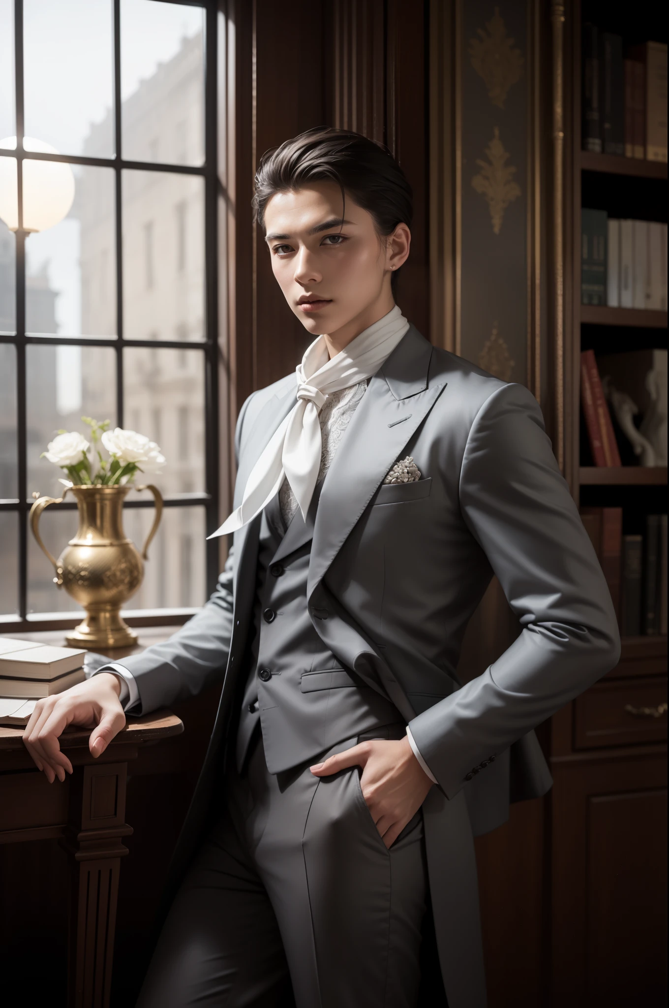 Young aristocrat, (((ember))), stands next to the table, sporty figure, broad shoulders and narrow hips, A man in a black rich suit, neckerchief with brooch ((white neckerchief)), (((gray eyes, narrow lips and straight nose, Powerful chin))), On the table is a vase of flowers and a book, Behind the back is a floor lamp and a large window to the floor, the night, soft moonlight and light from lamps, Rembrandt's World, Detail art, Lots of details and intricate patterns, Cover of love fantasy, in full height