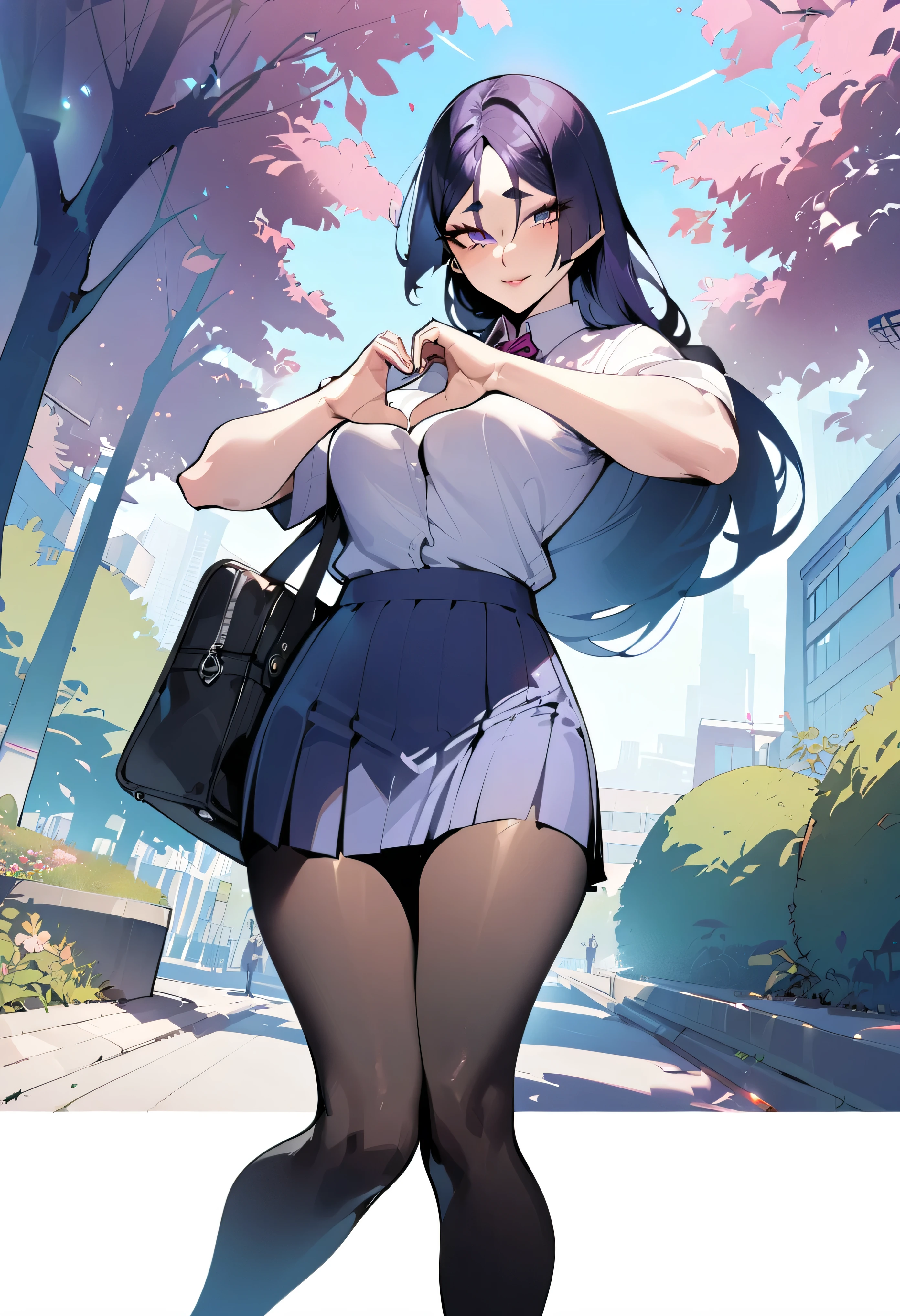1 girl, Minamoto no Raiko \(fate\), fate/great order, Masterpiece, Best quality, newest, Ideal Anatomy, slender body,purple eyes , detailed eyes, Perfect eyes ||||| from the nanny, by GlassJill||||| ||||| ,, school outfit, School skirt,school bag,, black stockings, One, posing, The school is in the background, flowers, campus, Detailed hands, heart shaped hands