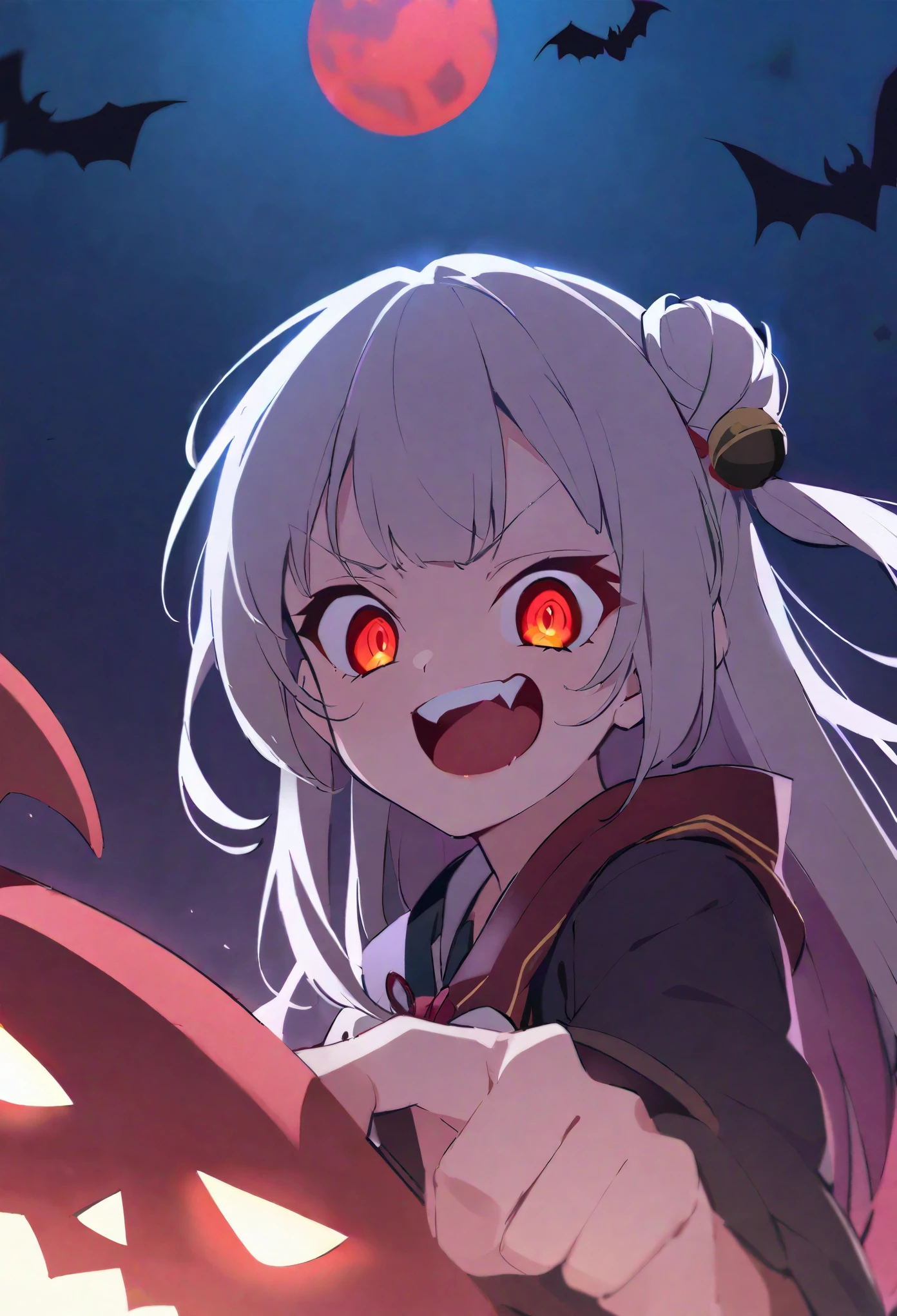 nakiri-ayame/(Hololive/), red eyes, vampire的牙齿獠牙, Bold face, blood flowing from mouth, giggle,bat wings, scary smile, psychopathic giggle, sick smile, scary, oral help, angry eyes, vampire, dark sky background, Red + blue + green, glowing Red moon