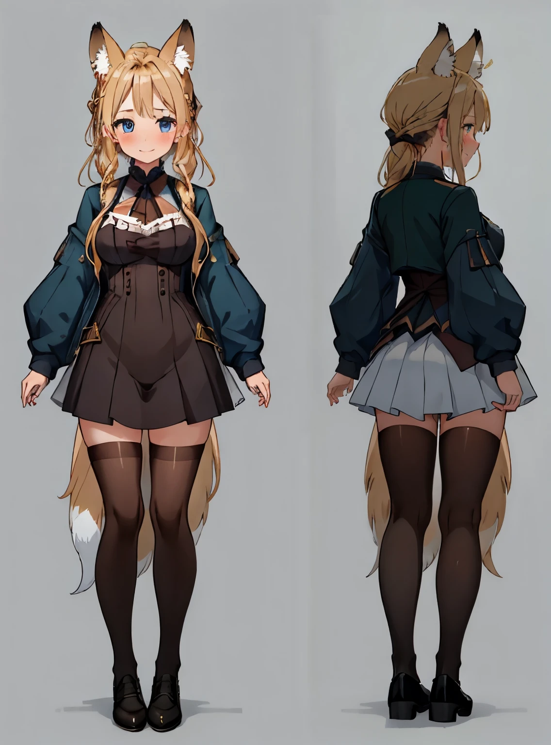 masterpiece: 1.6, highest quality: 1.4, live video: 1.2, intricate details: 1.2, 1 girl, alone, (blonde), long hair, french braid, single ~ sidelock, Forehead: 1.5, fox ears, big fox tail: 1.8, deep blue eyes, bright eyes, big breasts, exposed thighs:1.7, green adventurer-like jacket:1.5, leotard: 3, pochette:1.5, full body shot, multiple views, front, return, ~ side, Performance, ((Character setting material collection, Same character in different poses, character reversal: 1.5, multiple views)), arms behind return, portrait, Happy, Are crying, Get angry, smile