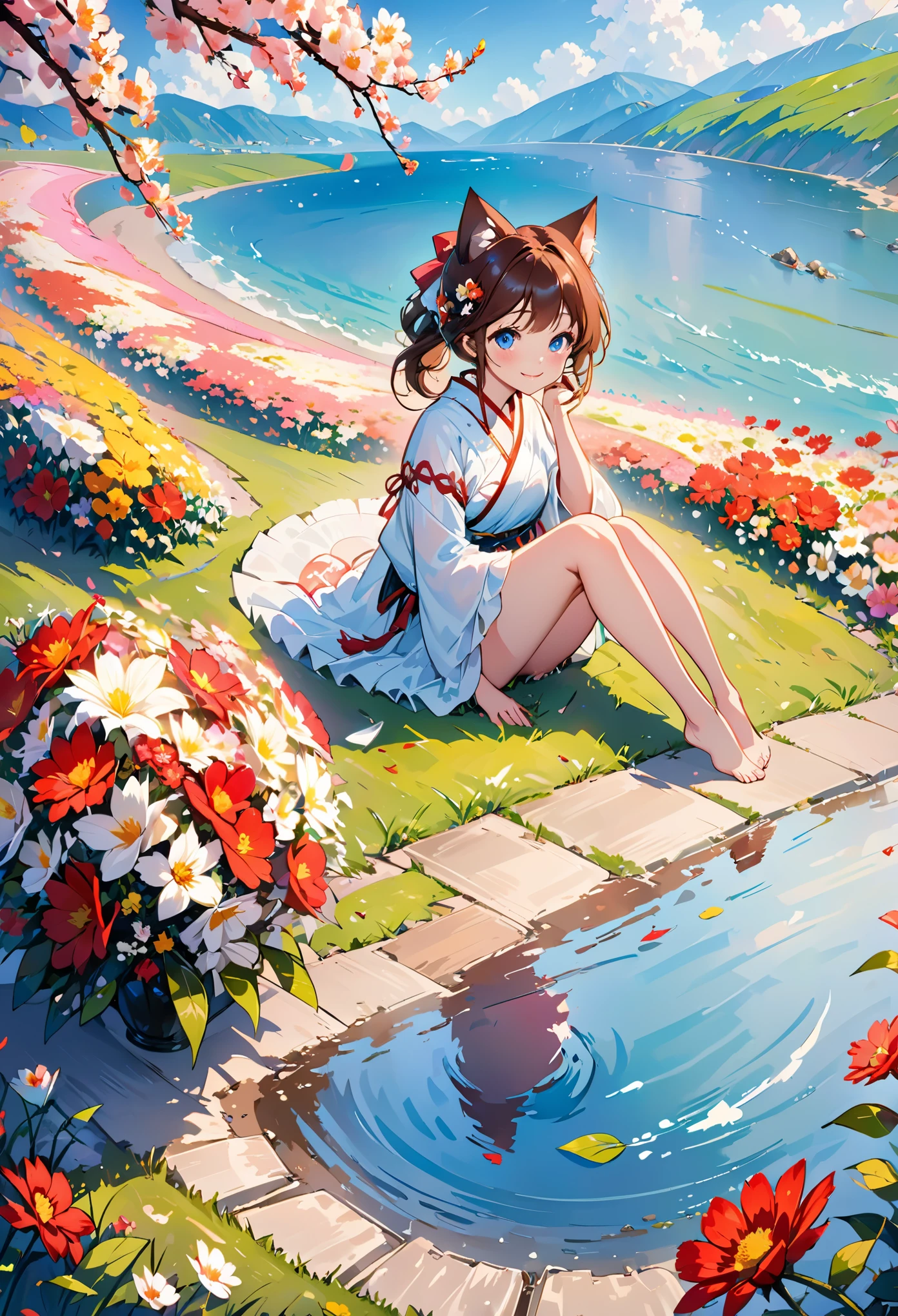 8K, 1girl, petit, cat ears, :o,  smile, (blush:1.2), (shy), bare foots, (sitting by the water) looking at viewer, wind, (ground of flowers, thousand of flowers, colorful flowers, flowers around her, various flowers:1.4), (beautiful blue sky), (movie poster), game cg, fantastic scenery,