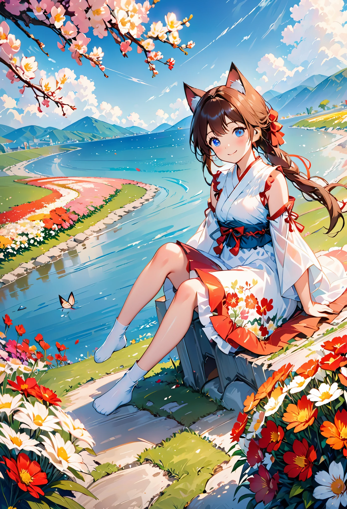 8K, 1girl, petit, cat ears, :o,  smile, (blush:1.2), (shy), bare foots, (sitting by the water) looking at viewer, wind, (ground of flowers, thousand of flowers, colorful flowers, flowers around her, various flowers:1.4), (beautiful blue sky), (movie poster), game cg, fantastic scenery,