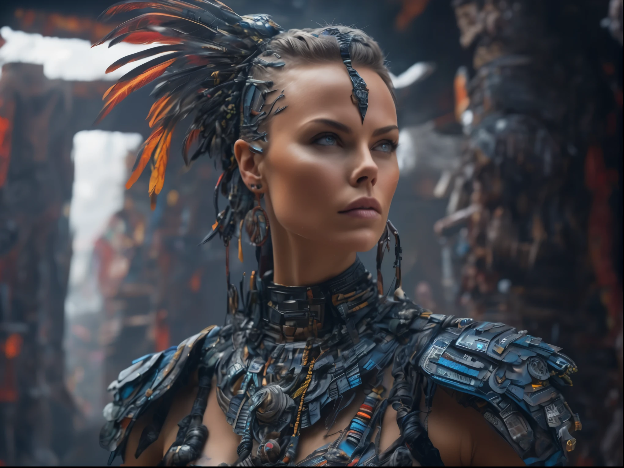 realistic, tyndall efect, cowboy shot, (ohwx woman) cyborg, woman (Charlize Theron), hair braided in pigtails, dark makeup, colorful war painted tattoos on her neck and , feathers in her hair, strong, proud, , beautiful full shot imagery, beautiful atmosphere, a mix of ancient and futuristic atmosphere, ultra detailed, photorealistic imagery, immersive background of the temple interior, light enters through the opening in the vault, creating the Tyndall effect, effect smoke elements, tyndall efect, 4k, 8k, low angle, action shot,