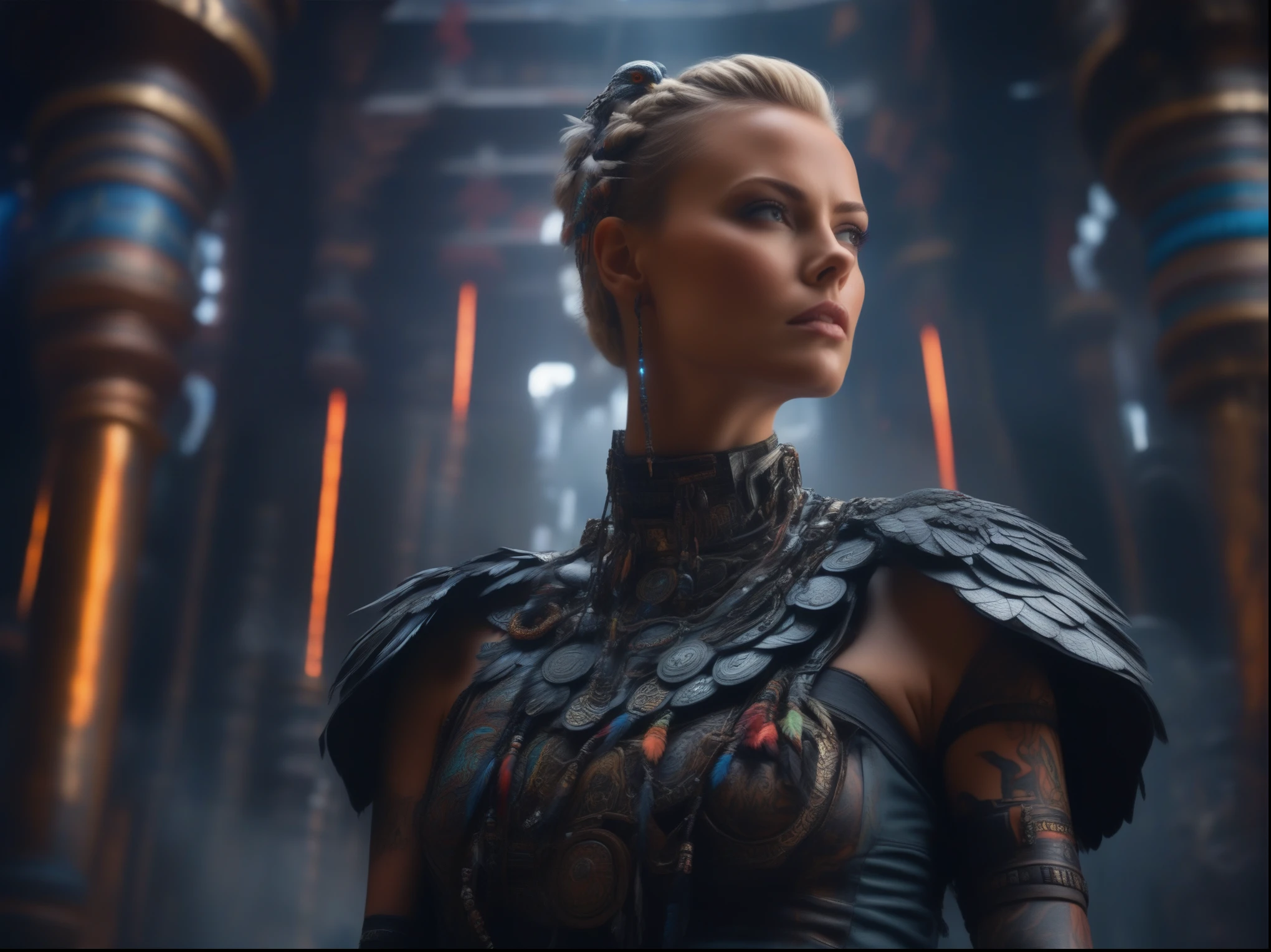 realistic, tyndall efect, cowboy shot, (ohwx woman) cyborg, woman (Charlize Theron), hair braided in pigtails, dark makeup, colorful war painted tattoos on her neck and breasts, feathers in her hair, strong, proud, temple interior, beautiful full shot imagery, beautiful atmosphere, a mix of ancient and futuristic atmosphere, ultra detailed, photorealistic imagery, immersive background of the temple interior, light enters through the opening in the vault, creating the Tyndall effect, effect smoke elements, tyndall efect, 4k, 8k, low angle, action shot,