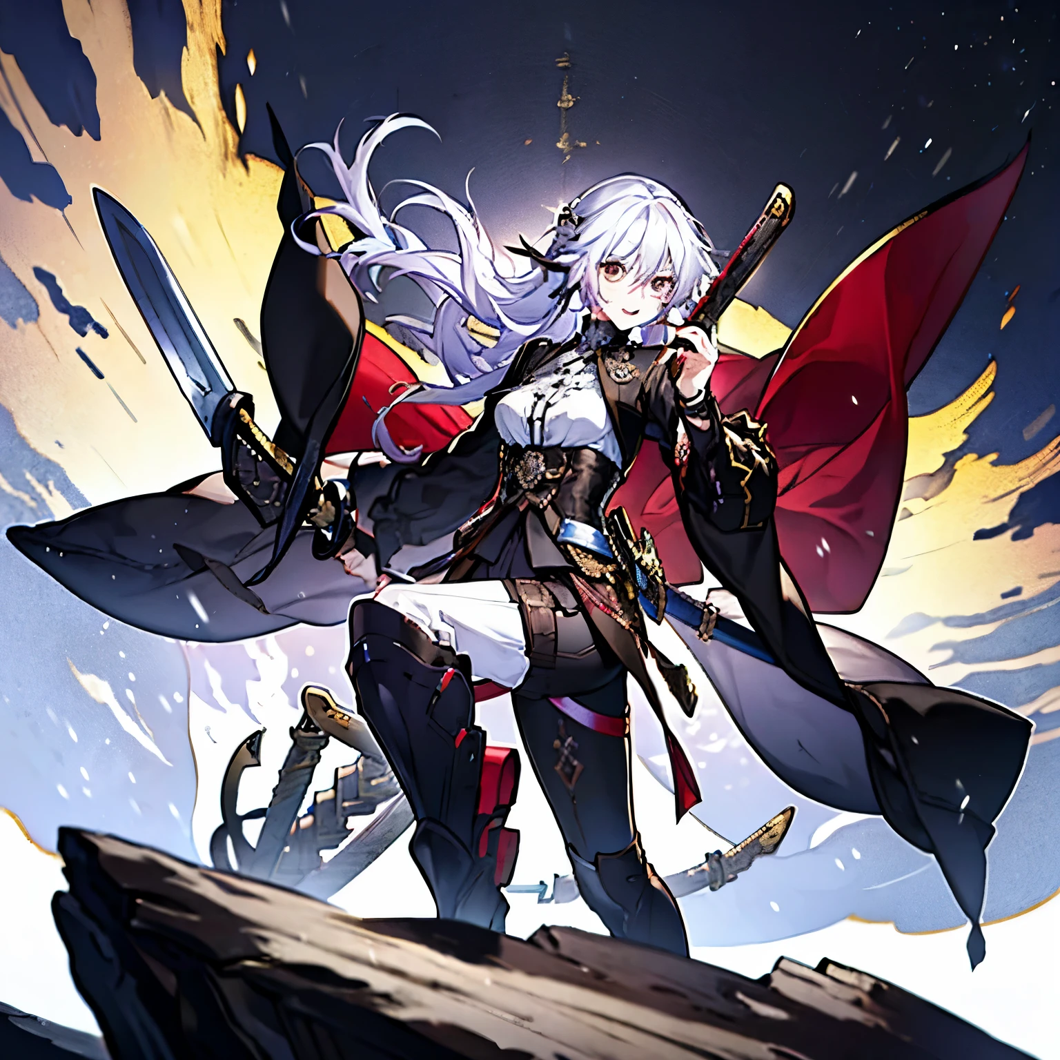 1 girl, adult, white long ponytail, white shirt, pants, big chest, smile, white hair, black pants, tights pants, (tall), high boots, belts everywhere, black trousers, royal clothes, knight, army commander, shoulder straps, more details, golden details, bandages, ties on a shirt, Deep neckline on the chest, Black eyes, squints, leather black belts, sheath, happy, mediaeval, fantasy, cheeky pose, open mouth, energetic, movable, girl jumping, really happy, stand, ((with sword:1.5), ((battle pose)), (stand), (Large rib cage), Scandinavian, tall girl, warrior, the kingdom behind you, snow, Ebony Trees