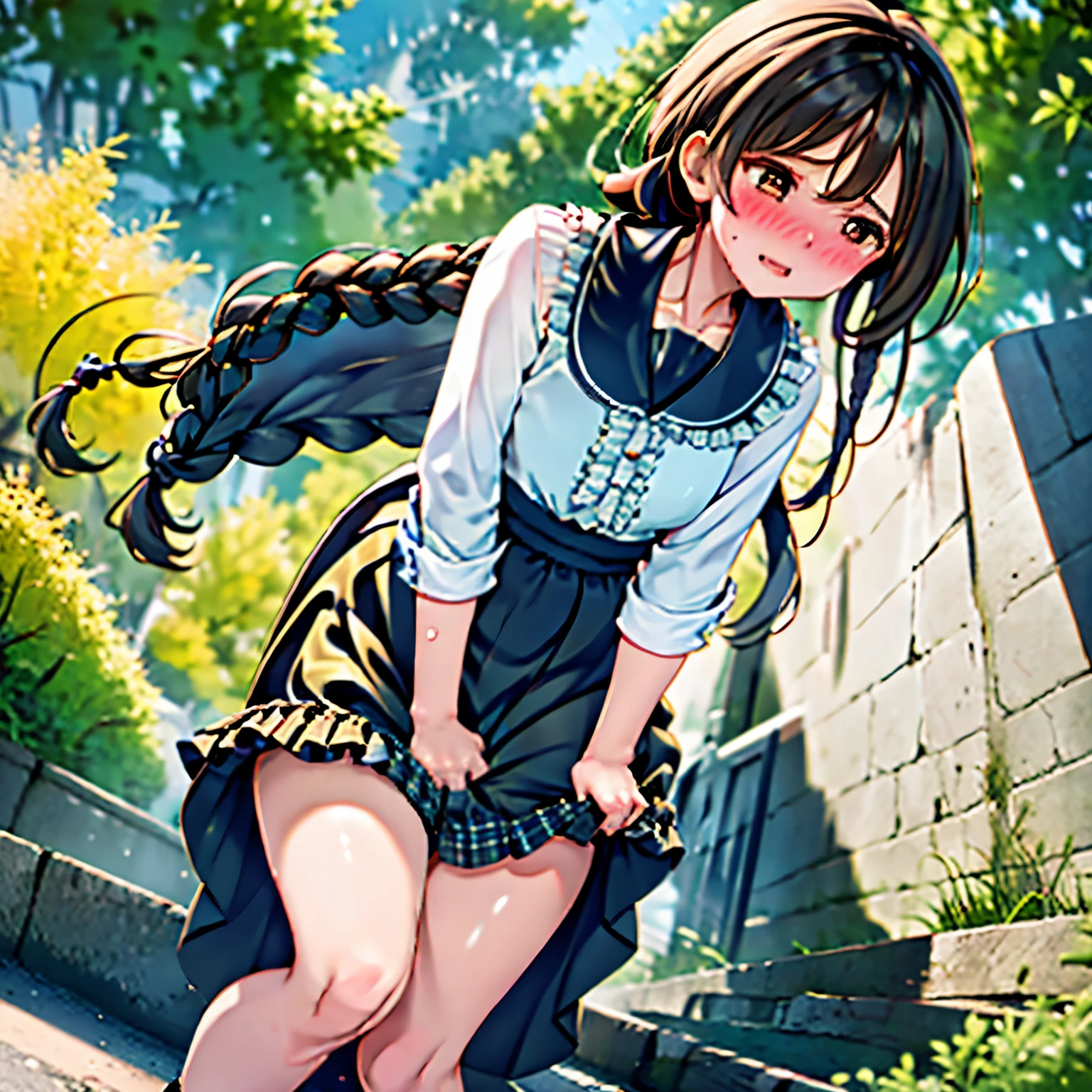 (ultra-detailed, best quality, detailed face, anatomically perfect body), parted lips, shiny skin, (1 girl, have to pee, very desperate to pee, have to pee), street, (maxi dress:1.3), petticoat, (Frill skirt:1.6), (footwear, braid:1.3), (have to pee:1.6), (just before the bladder limit:1.1), (knees together and feet apart, Rub each other's thighs:1.1), (hand between legs:1.6), (leaning forward:1.2), (holding crotch:1.8), (girl can't stand up straight), (constricted pupils:1.3), (erotic twist of the body:1.6), (sad:1.3), (blush:1.6), (embarrassment:1.4), flowing sweat, (fear), (breathless:1.5), (squint eyes:1.4), (looking away:1.2), full body, (top of stairs, from below:1.3), from side