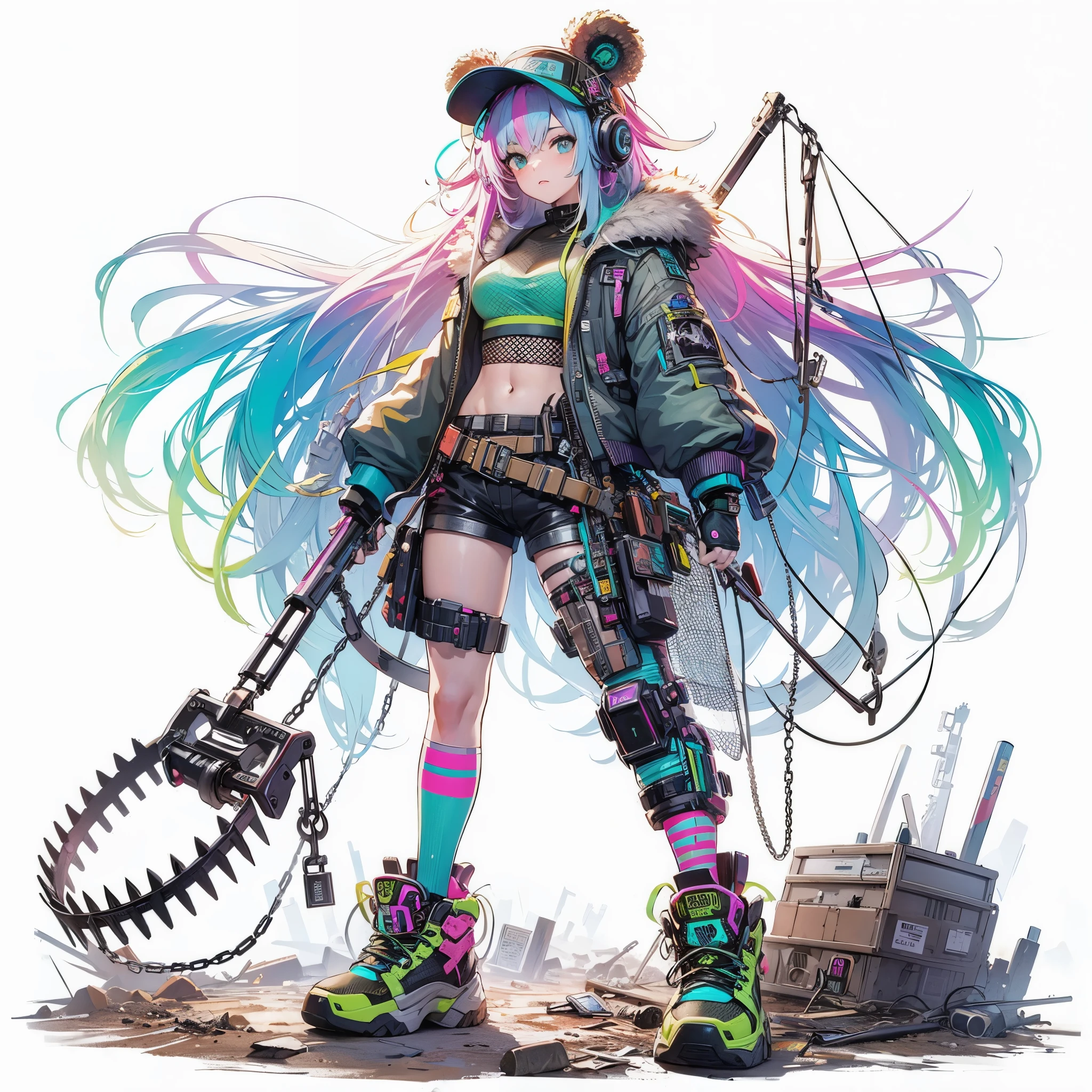 (masterpiece, Best Quality), (Perfect athlete body:1.2), (detailed hairs), Ultra-detailed, Anime style, Full body, Cyberpunk trapper girl, very colorful neon hair, dressed in hunter wear, holding a bear trap, wearing high tech sneakers, standing in a wasteland, 8k high resolution, white background, whole-body, full-length view,