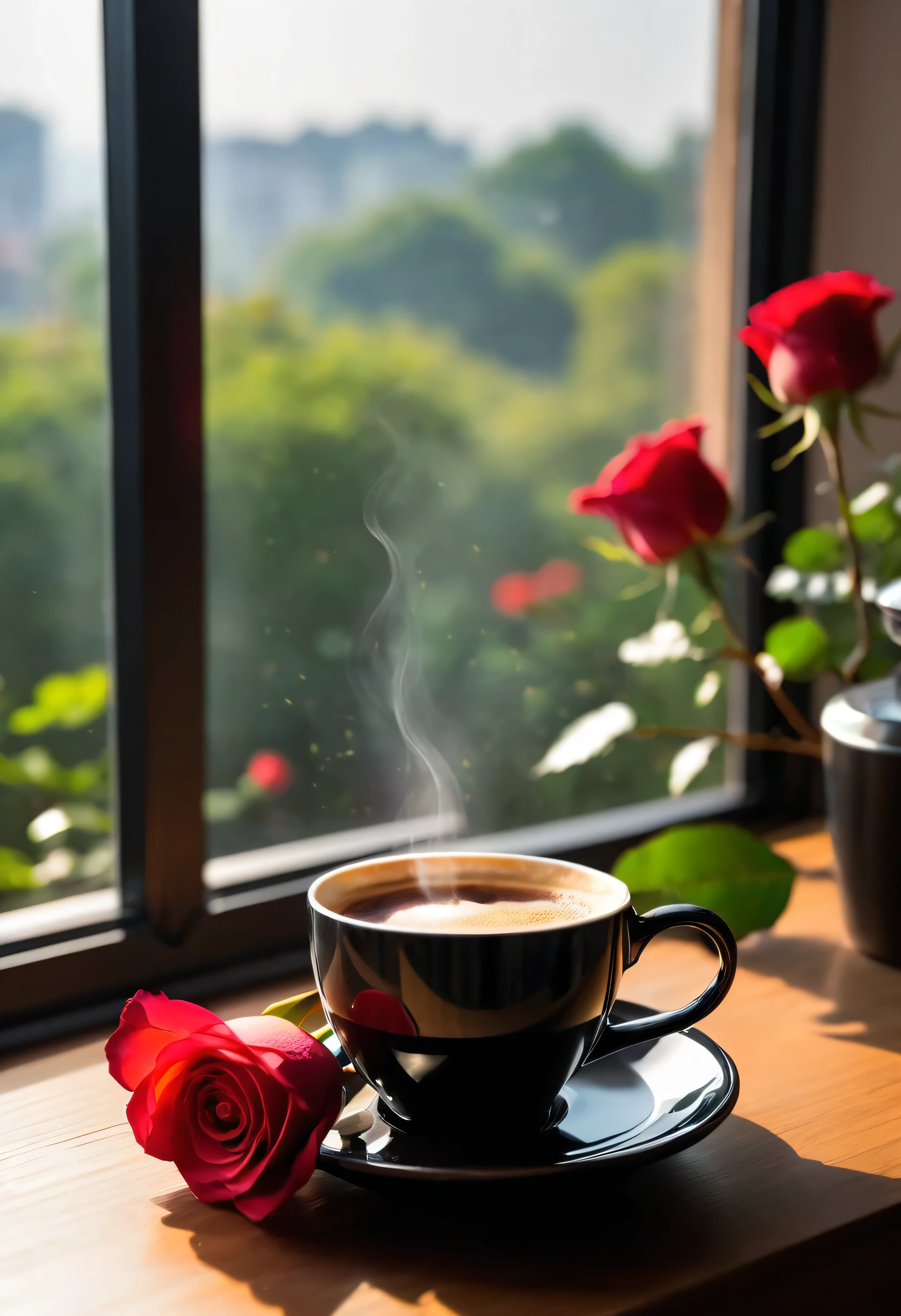 強烈的light從樹縫照進窗戶,Light is scattered by suspended particles。Creates an apparently strong Tyndall effect, light and space, light, 窗內there is a a cup of coffee on a saucer with a flower in the background, (( Black frosted ceramic coffee cup:1.7)), photos taken, Pixel, romanticism, morning coffee, morning time, a cup of coffee, coffee smell, nice picture, between coffee and flat red roses, bokeh background.Morning mood, soft morning light, spring morning, Good morning