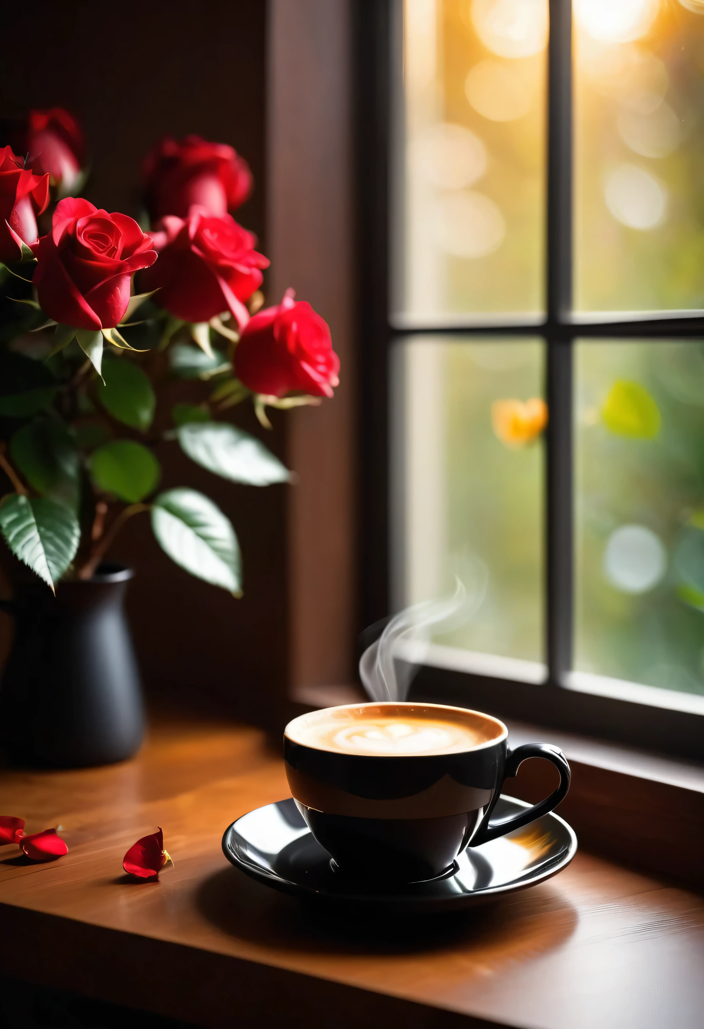 強烈的light從樹縫照進窗戶，Light is scattered by suspended particles。Creates an apparently strong Tyndall effect, light and space, light, 窗內there is a a cup of coffee on a saucer with a flower in the background, (( Black frosted ceramic coffee cup:1.7)), photos taken, Pixel, romanticism, morning coffee, morning time, a cup of coffee, coffee smell, nice picture, between coffee and flat red roses, bokeh background.Morning mood, soft morning light, spring morning, Good morning