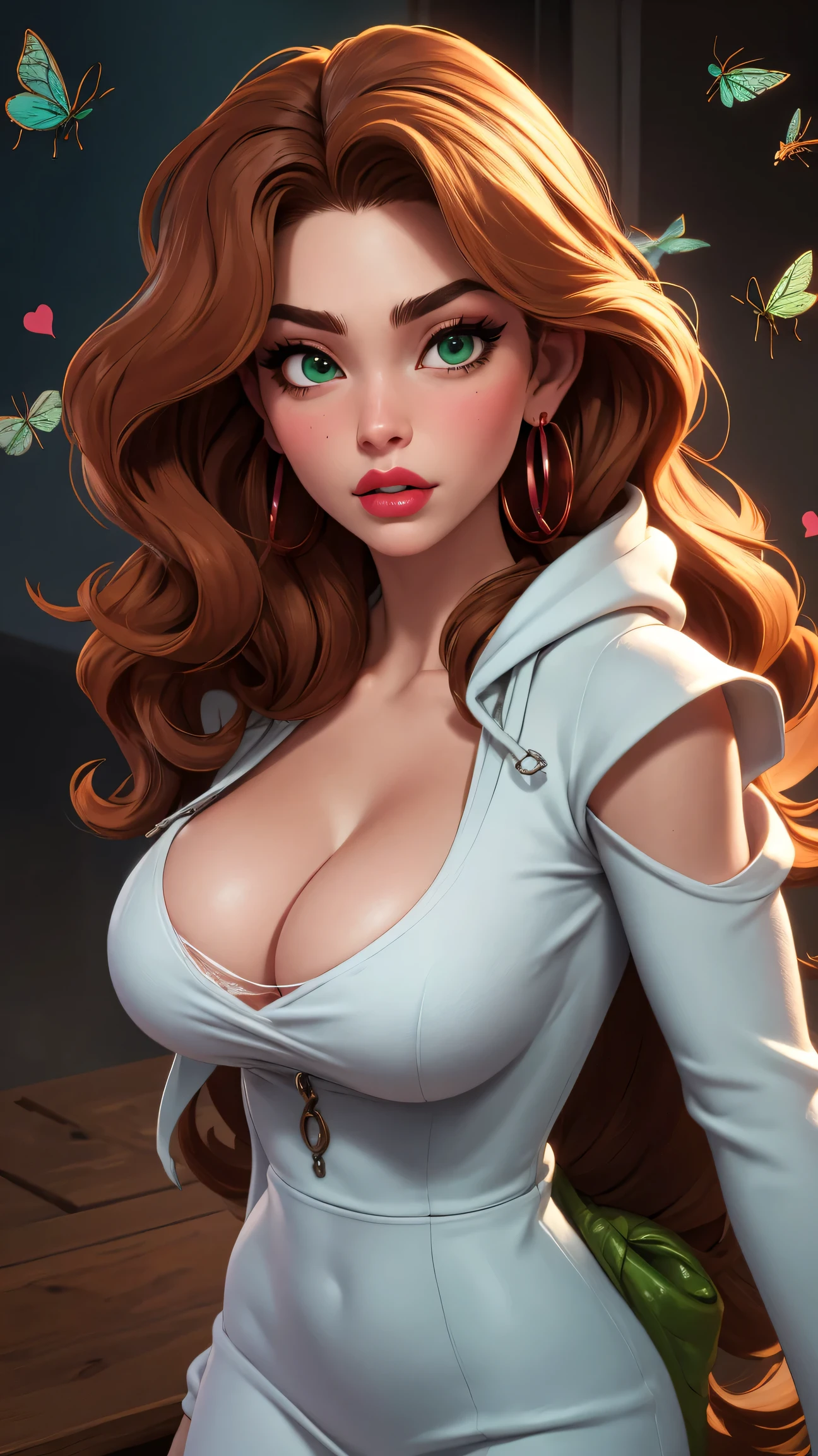 (masterpiece, best quality, ultra-detailed, extremely detailed, intricate details, 8K),  cleavage, large breasts,  portrait, Cozy hoodie dress, leggings, Charmer, Tall, Lean, Heart-Shaped Face, Fair Skin, Chestnut Hair, ruby Eyes, Wide Nose, Pouty Lips, Prominent Chin, Shoulder-Length Hair, Thick Hair, Tousled Waves, full breasts, Threader earrings, green gloss lipstick, with a group of insects in the foreground , 