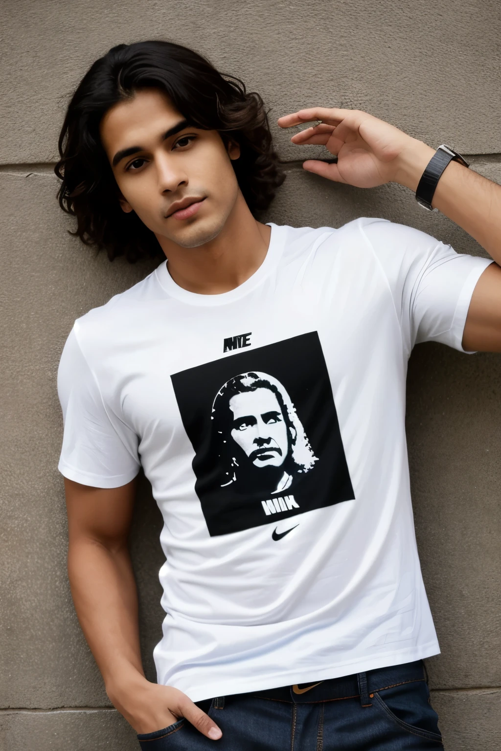 Crie um homem da cor de um homem indiano, com cabelo liso, olhos marrom, um olho um pouco esticado, com uma blusa preta no peitoral da blusa tem o nome Nike, manga da camisa tem duas linhas roxa, He wears jeans and black shoes. He's in a meter .