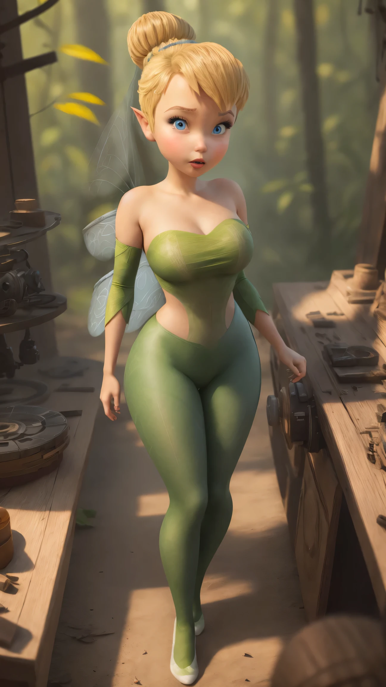 masterpiece, 8k, perfect ligthing, , adult, female, looking at viewer, cinematic lighting, full body shot, (TinkerBell:1.5), (TinkerBellWaifu:1.1), single hair bun, (green clothes), ((clothes made from leaves)), (fairy wings:1.2), pointy ears, blue eyes, (detailled eyes:1.2), tinkering in the forest, (tinkering:1.6), Gears, leavers, pulleys, blush, (shrunken), big breasts