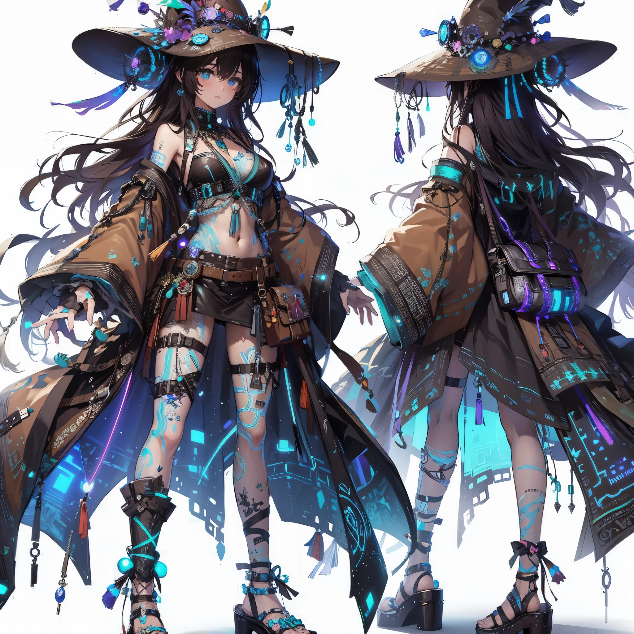 (masterpiece, best quality), ultra detailed, anime style, full body, solo, Cyberpunk Witch Doctor Girl, dark brown hair and brown skin, neon blue eyes and full body neon light tattoos, dressed in ancient ethnic costume, wearing sandals, standing in wasteland, digital painting, 8K high resolution, art station trend, white background, whole body,
