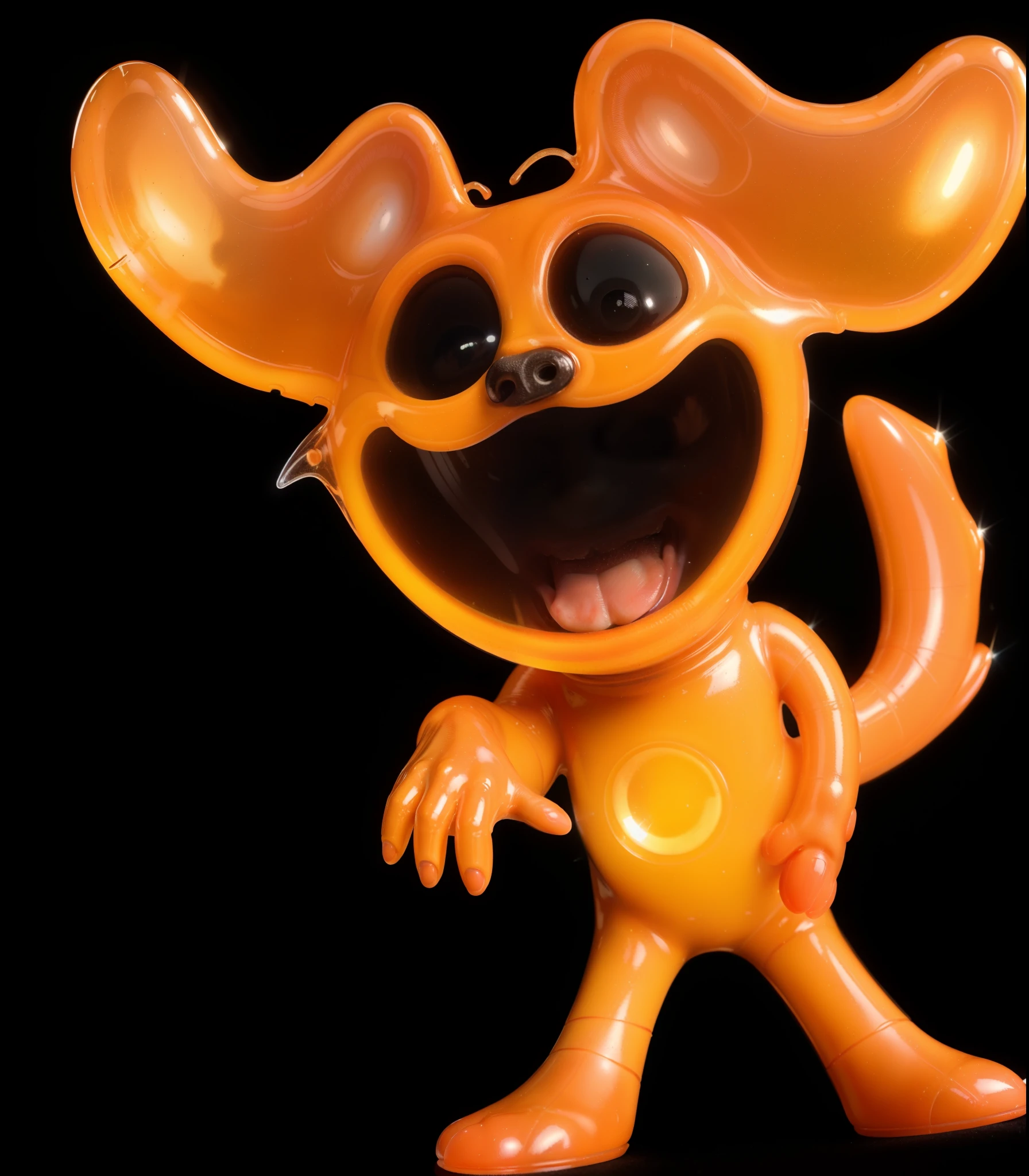 orange with yellow dog plastic toy, dog toy, game character, videogame character, creepy dog , large creepy dark smile, dog with creepy smile and red eyes, insane, d, dog toy, glossy texture, smooth 3d model, multiple light sources, rim light, sharp post effects render, (glossy plastic texture with multiple big light probe refractions), perfect cgi, smooth silhouette, high intensity refraction, (super glossy plastic material), most beautiful vfx, , realistic, 4k, high resolution, rim light, smooth 3d model, multiple light sources, rim light, sharp post effects render,, realistic, 4k, high resolution, rim light detailed digital art, reflective, best quality, 4k, masterpiece:1.2, ultra-detailed, realistic, vivid colors, The image of the highest quality, ensuring every detail showcased perfectly. It in 4k resolution, allowing viewers to immerse themselves in the richness of the colors and intricate details. The realistic rendering. under the spotlight, reflecting, high-resolution image, realistic rendering
