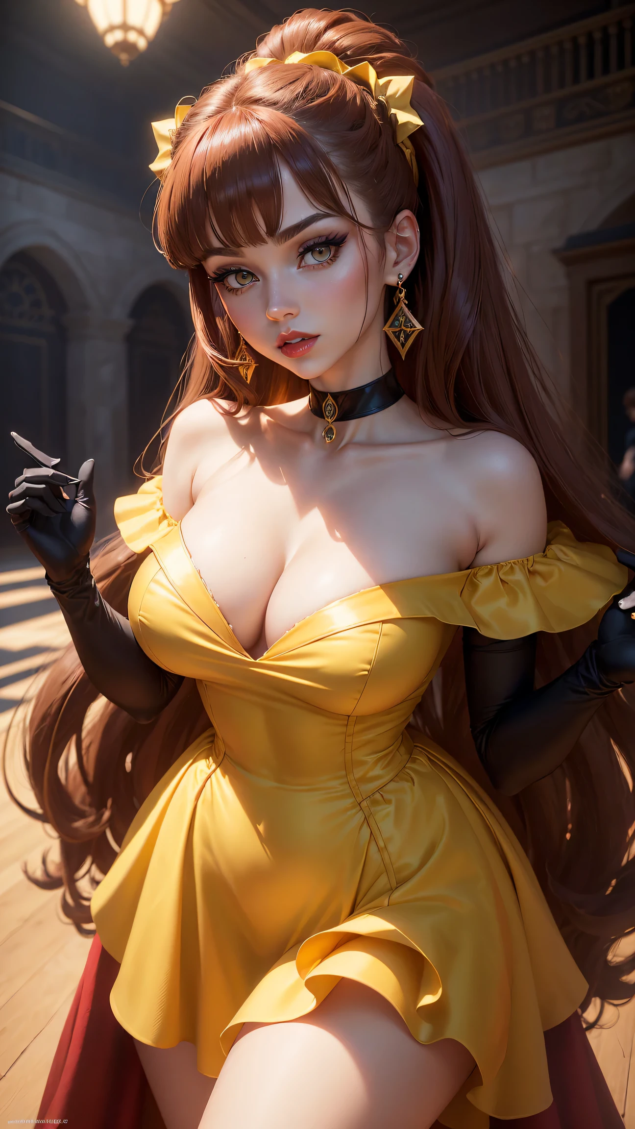 ((Belle from disney animated movie pricesses series))(big glowing eyes)(bright red lips))((pale skin)) ((long light brown hair pony tail with side bangs))((dark eyeshadows make up))(((very huge breasts))) ((perfect slim body))((wears yellow dress with ornaments)), (earrings, choker, head band, gloves)((posing sexy alone inside castle large ballroom)) (high definition, dynamic illumination and shadowasterpiece))(8k)(perfect face)(best quality) (perfect hands and eyes)