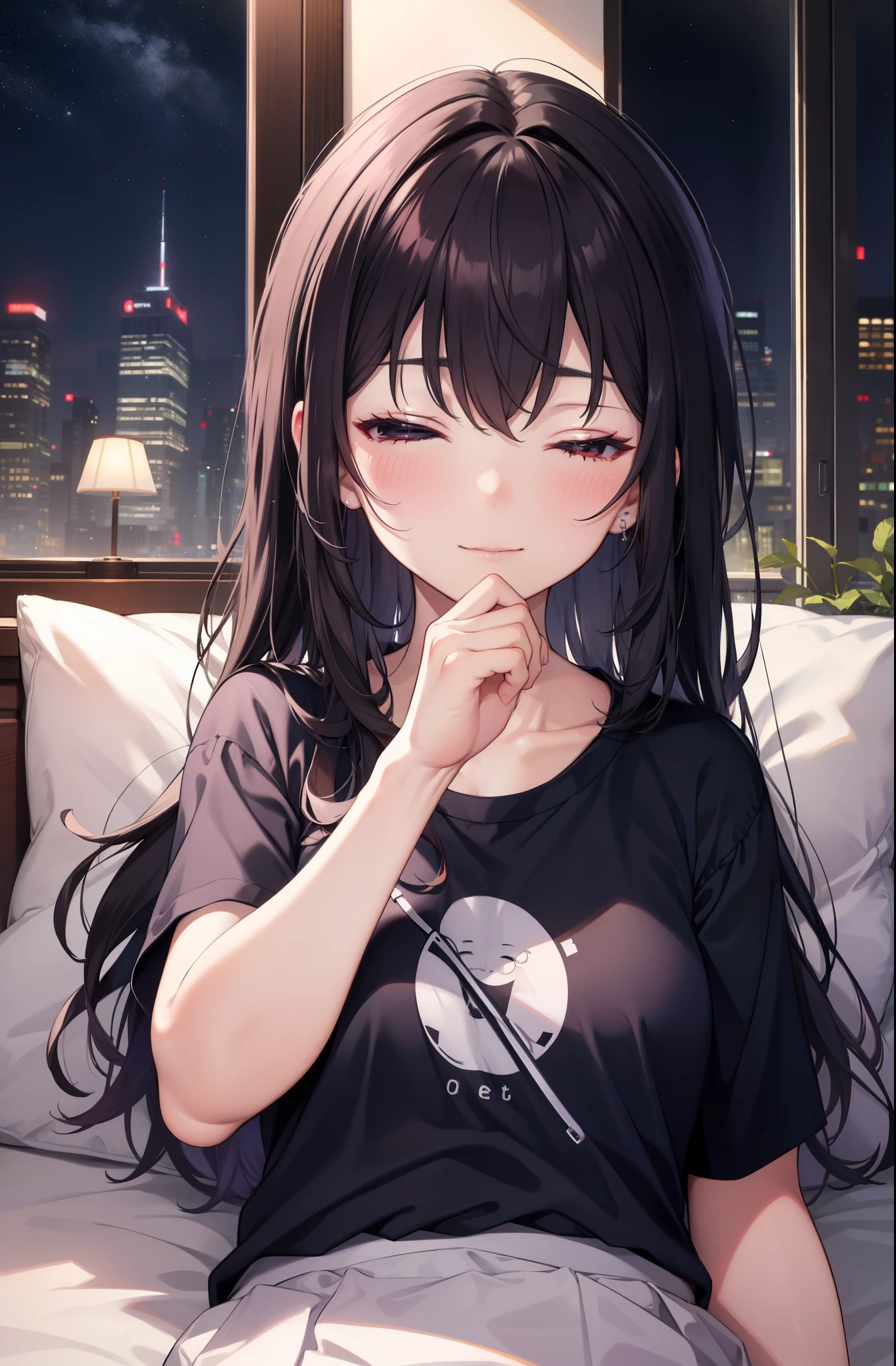 for profit, utaha kasumigaoka, black hair,  long hair, smile,windows，romantic starry sky，sleeping with both eyes closed,A meteor crosses,T-shirt,black string underwear,sleeping in bed,night,moonlight,sleep with your head on the pillow,Sleeping lying on your back in bed,dark room, barefoot　　　　　　　　　　　　　　　　　　
break indoors,Bedroom,
break (masterpiece:1.2), highest quality, High resolution, unity 8k wallpaper, (figure:0.8), highly detailed face, perfect lighting, Very detailed CG, (perfect hands, perfect anatomy),