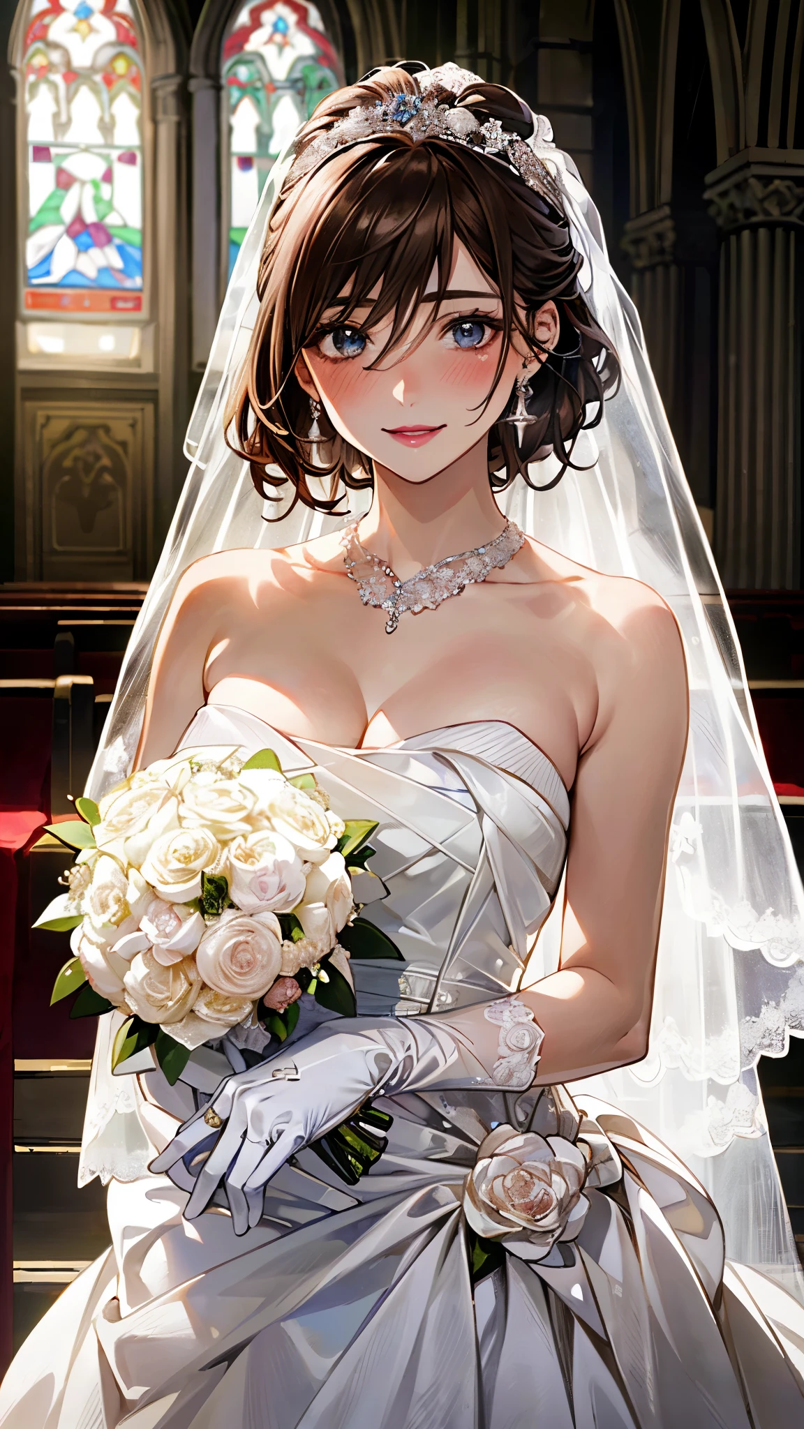 (masterpiece:1.2, top-quality, ultra high res, ultra detailed), (realistic, photorealistic:1.4), beautiful illustration, (natural side lighting, movie lighting), depth of fields,
looking at viewer, bust photo, 1 girl, , perfect face, (perfect anatomy), cute and symmetrical face, baby face, shiny skin, 
(short hair:1.5, half updo:1.5, brown hair), hair between eyes, blue eyes, pink lips, long eye lasher, (large breasts:1.3), 
beautiful hair, beautiful face, beautiful detailed eyes, beautiful clavicle, beautiful body, beautiful chest, beautiful thigh, beautiful legs, beautiful fingers, 
detailed cloth texture, wedding princess dress, head flower, headdress, (bandeau wedding dress:1.5), (silk dress:1.2), (strapless wedding dress:1.5), 
plain white dress, necklace, earring, cleavage, bouquet, (lace gloves:1.2), (bridal veil:1.2),(short transparent veil:1.2), 
(beautiful scenery), evening, (church) standing, (happy smile, blush), 