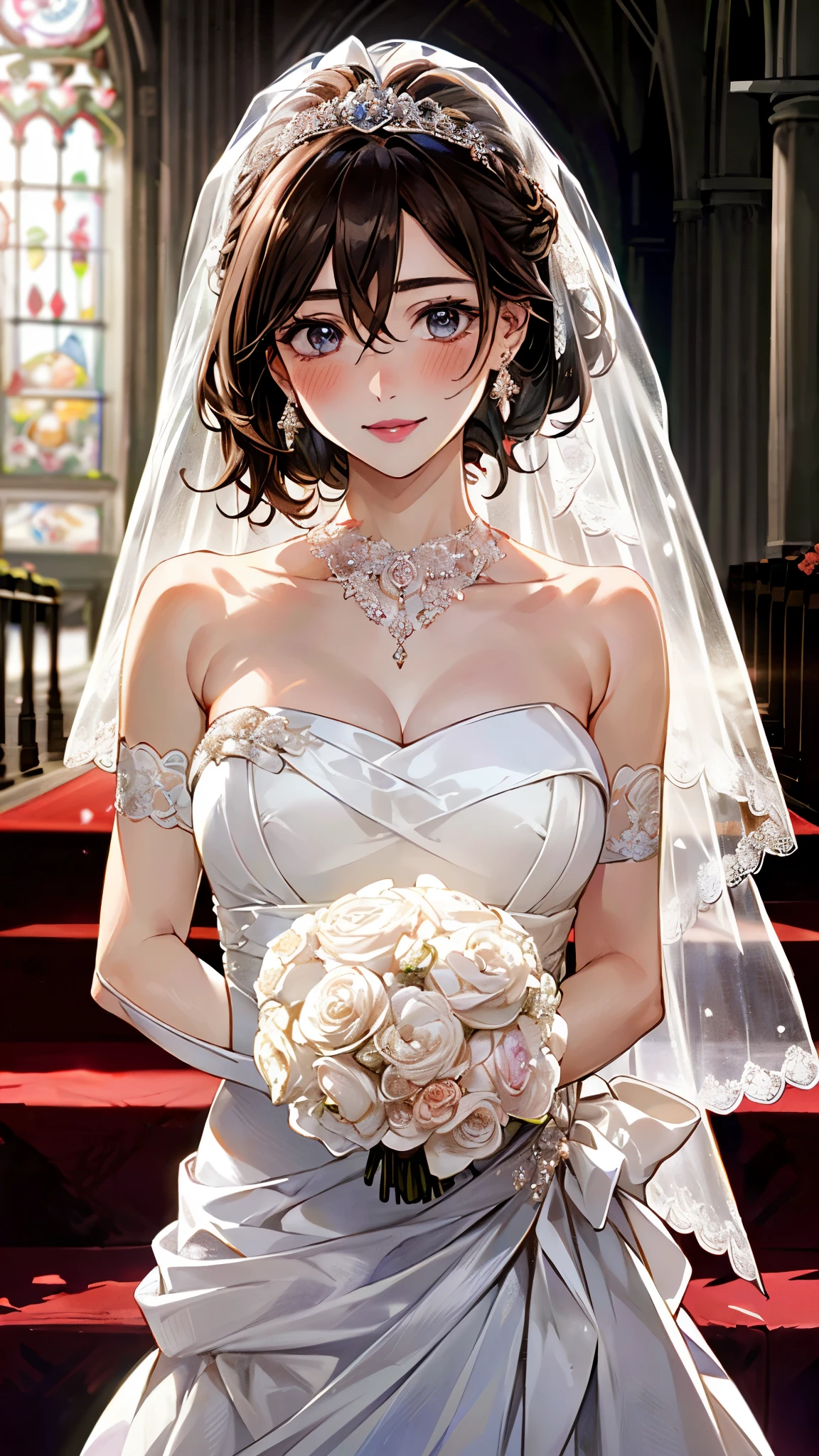 (masterpiece:1.2, top-quality, ultra high res, ultra detailed), (realistic, photorealistic:1.4), beautiful illustration, (natural side lighting, movie lighting), depth of fields,
looking at viewer, bust photo, 1 girl, 16 years old, perfect face, (perfect anatomy), cute and symmetrical face, baby face, shiny skin, 
(short hair:1.5, half updo:1.5, brown hair), hair between eyes, blue eyes, pink lips, long eye lasher, (large breasts:1.3), 
beautiful hair, beautiful face, beautiful detailed eyes, beautiful clavicle, beautiful body, beautiful chest, beautiful thigh, beautiful legs, beautiful fingers, 
detailed cloth texture, wedding princess dress, head flower, headdress, (bandeau wedding dress:1.5), (silk dress:1.2), (strapless wedding dress:1.5), 
plain white dress, necklace, earring, cleavage, bouquet, (lace gloves:1.2), (bridal veil:1.2),(short transparent veil:1.2), 
(beautiful scenery), evening, (church) standing, (happy smile, blush), 