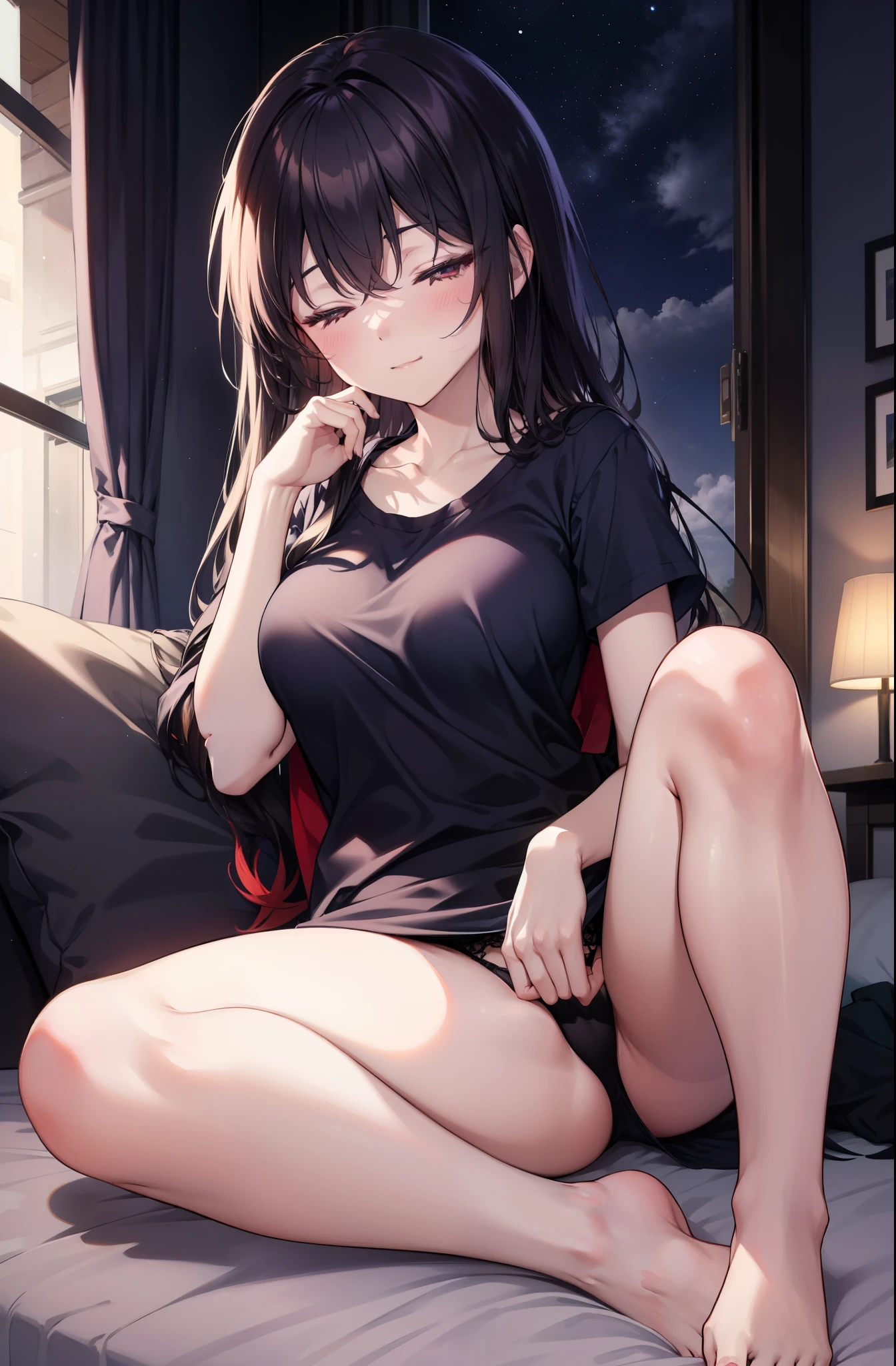 for profit, utaha kasumigaoka, black hair, long hair, smile,windows,romantic starry sky,sleeping with both eyes closed,A meteor crosses,T-shirt,black string underwear,sleeping in bed,night,moonlight,sleep with your head on the pillow,Sleeping lying on your back in bed,dark room, barefoot
break indoors,Bedroom,
break (masterpiece:1.2), highest quality, High resolution, unity 8k wallpaper, (figure:0.8), highly detailed face, perfect lighting, Very detailed CG, (perfect hands, perfect anatomy),